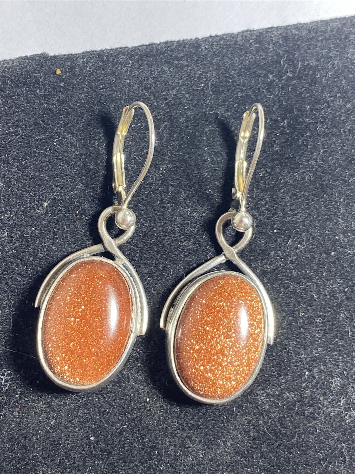 Earrings Pierced Hanging Big Sparkling Goldstones Cabs Sterling Silver LeverBack