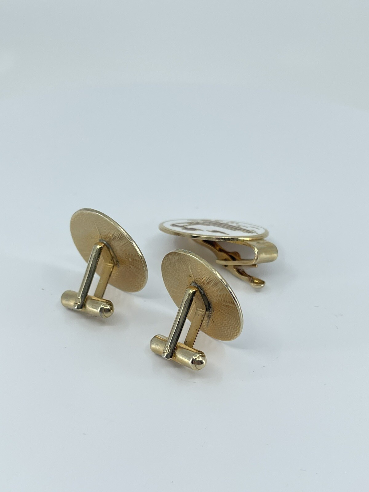 Mr Tara River boat cufflinks and tie clip set red gold white enamel 1″