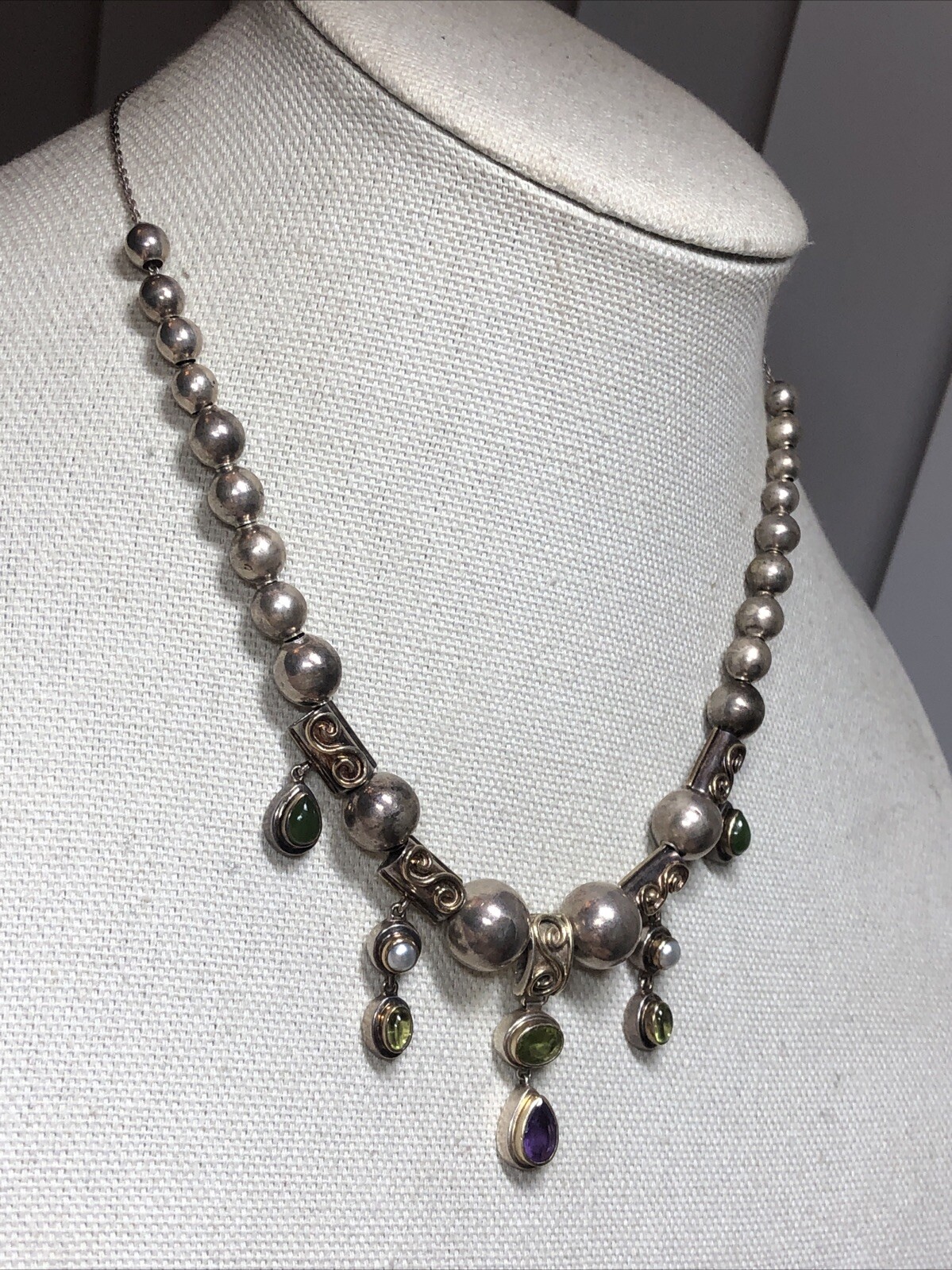 15. Vintage 925 Sterling Silver Ball charm Gemstone Beaded Sliding Necklace 17″