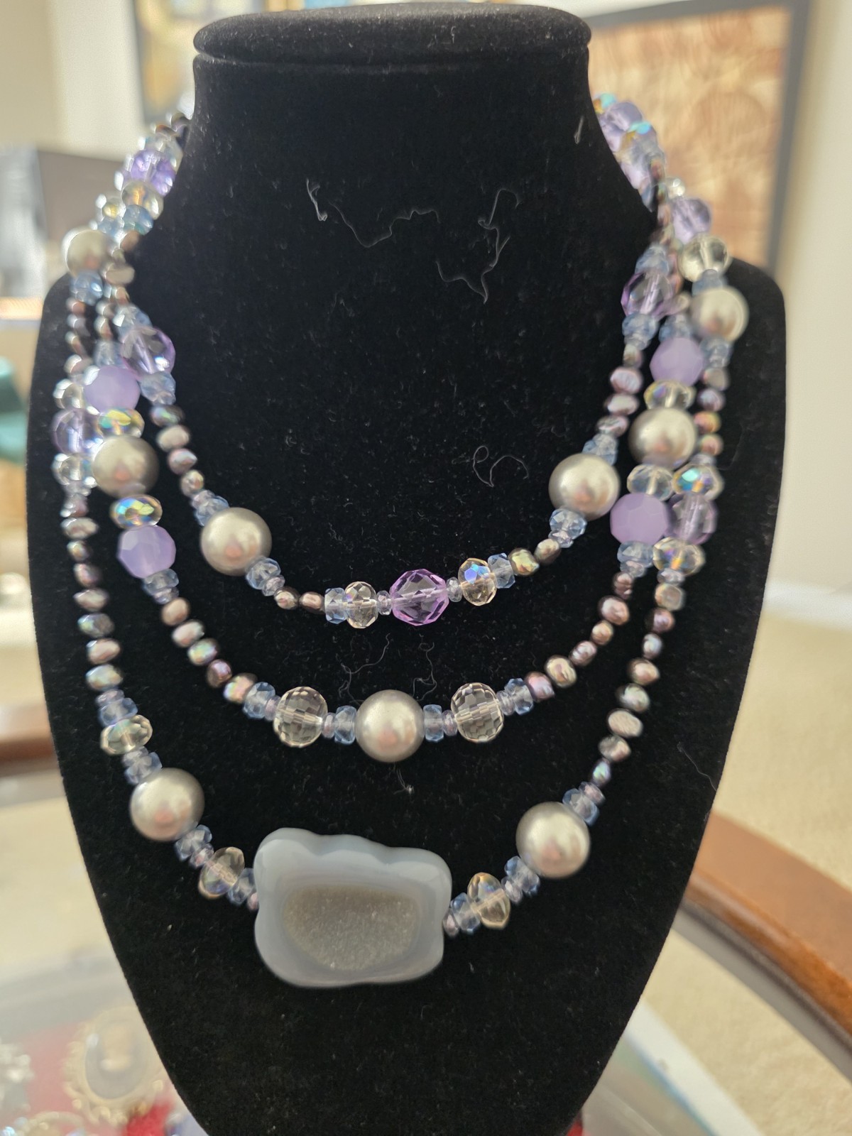 Vintage Tripple strand Purple Stone Pearl Glass Bead Necklace