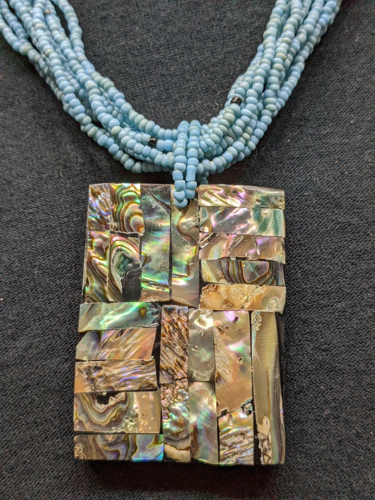 Vintage Blue Seed Bead Necklace Abalone Shell Mosaic Pendant MOP Statement 18″