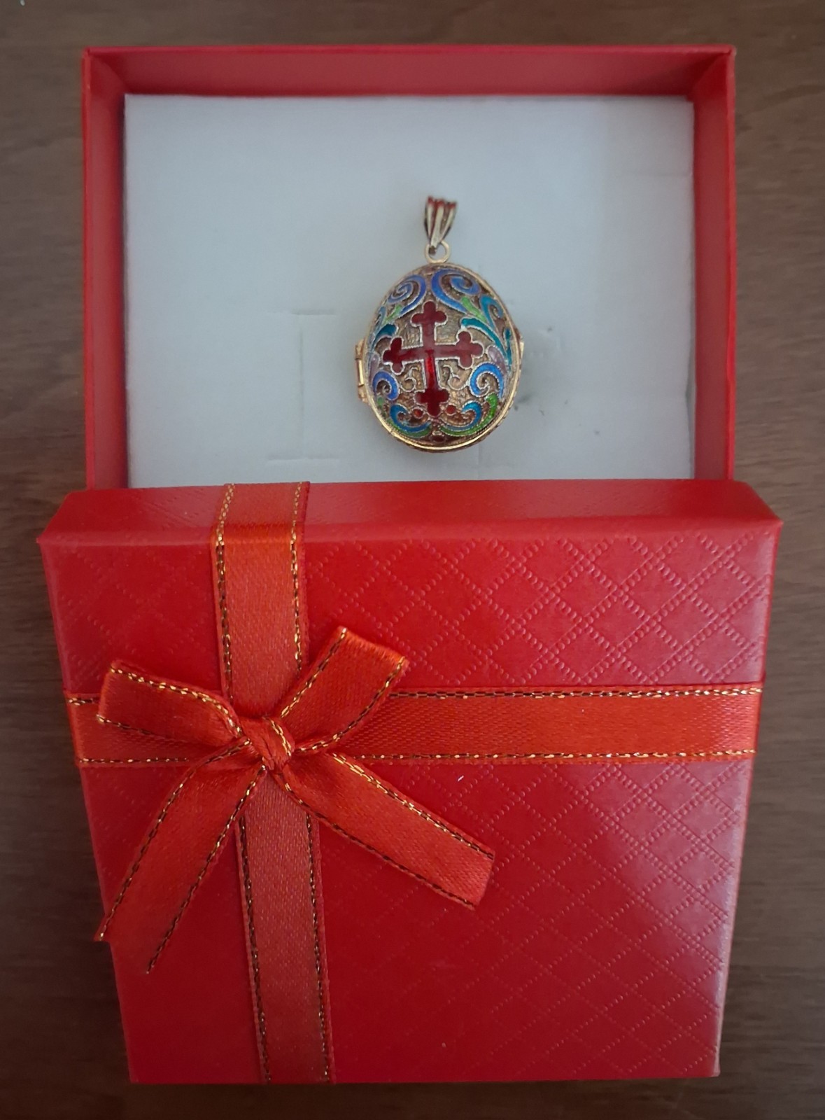 VTG c1990s Egg Pendant Locket Red Cross Gold Jesus Inside Silver Eagle Hinged