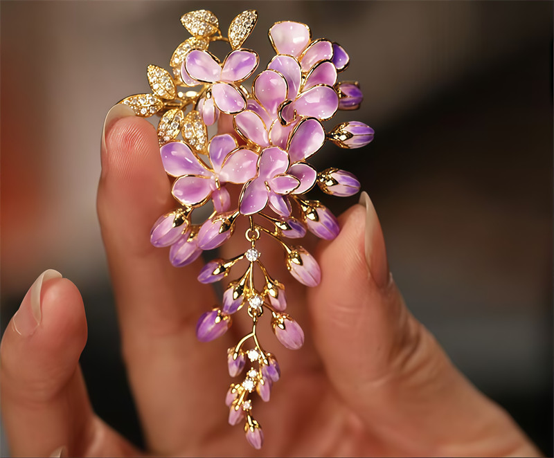 Enamel Color Design Purple Wisteria Flower Brooch, High Quality Flower Brooch