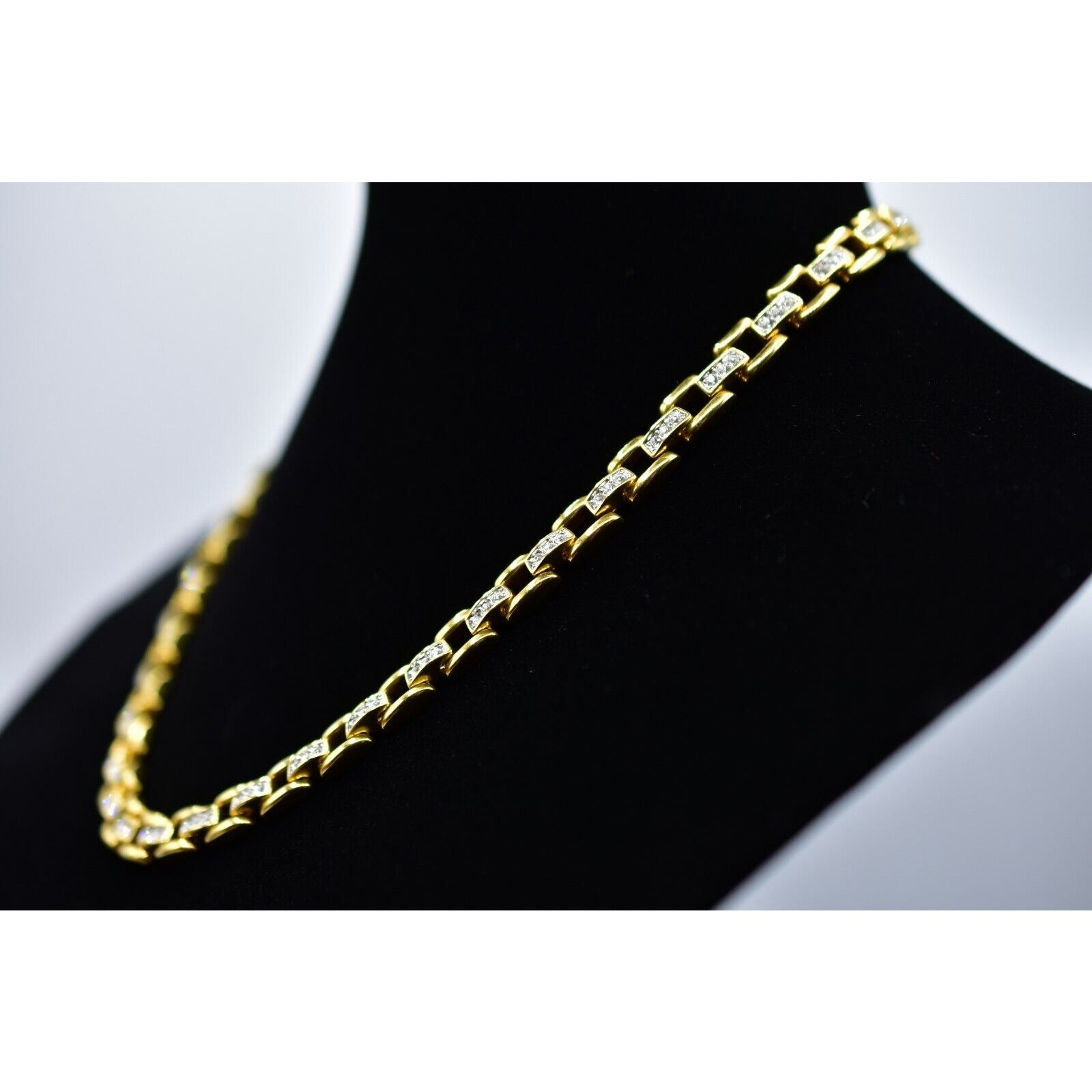 Vintage Crystal Linked Chain Collar Necklace Square Rhinestone 19.5″ 1980s Bin5