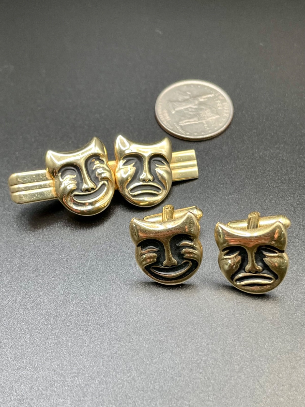 Vintage Gold Tone Comedy Tragedy Theater Mask Cufflinks Tie Bar Set MCM
