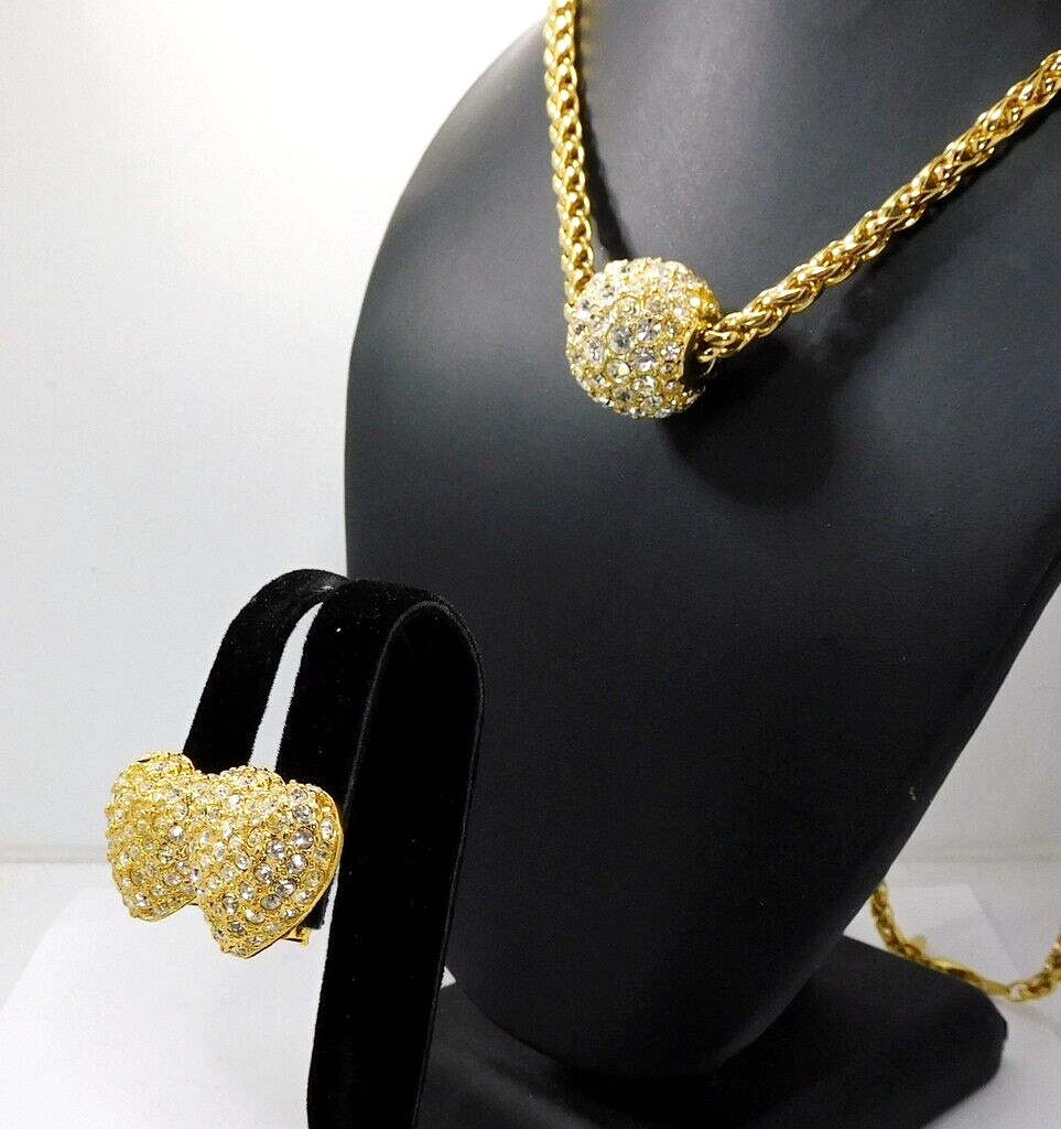 Joan Rivers Crystal Pave Sliding Ball Pendant Necklace and Heart Clip Earrings