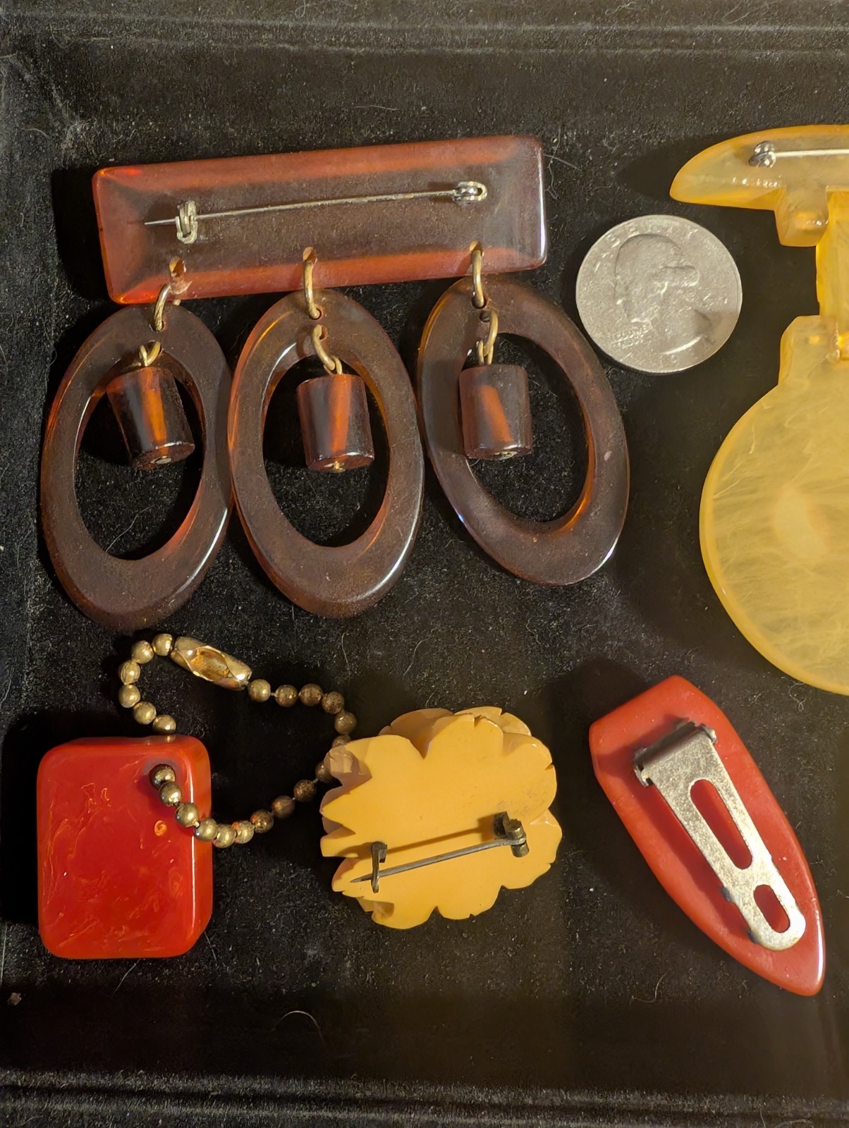 7 Vintage Bakelite Large Carved Pins, etc. Great colors, hand carved!