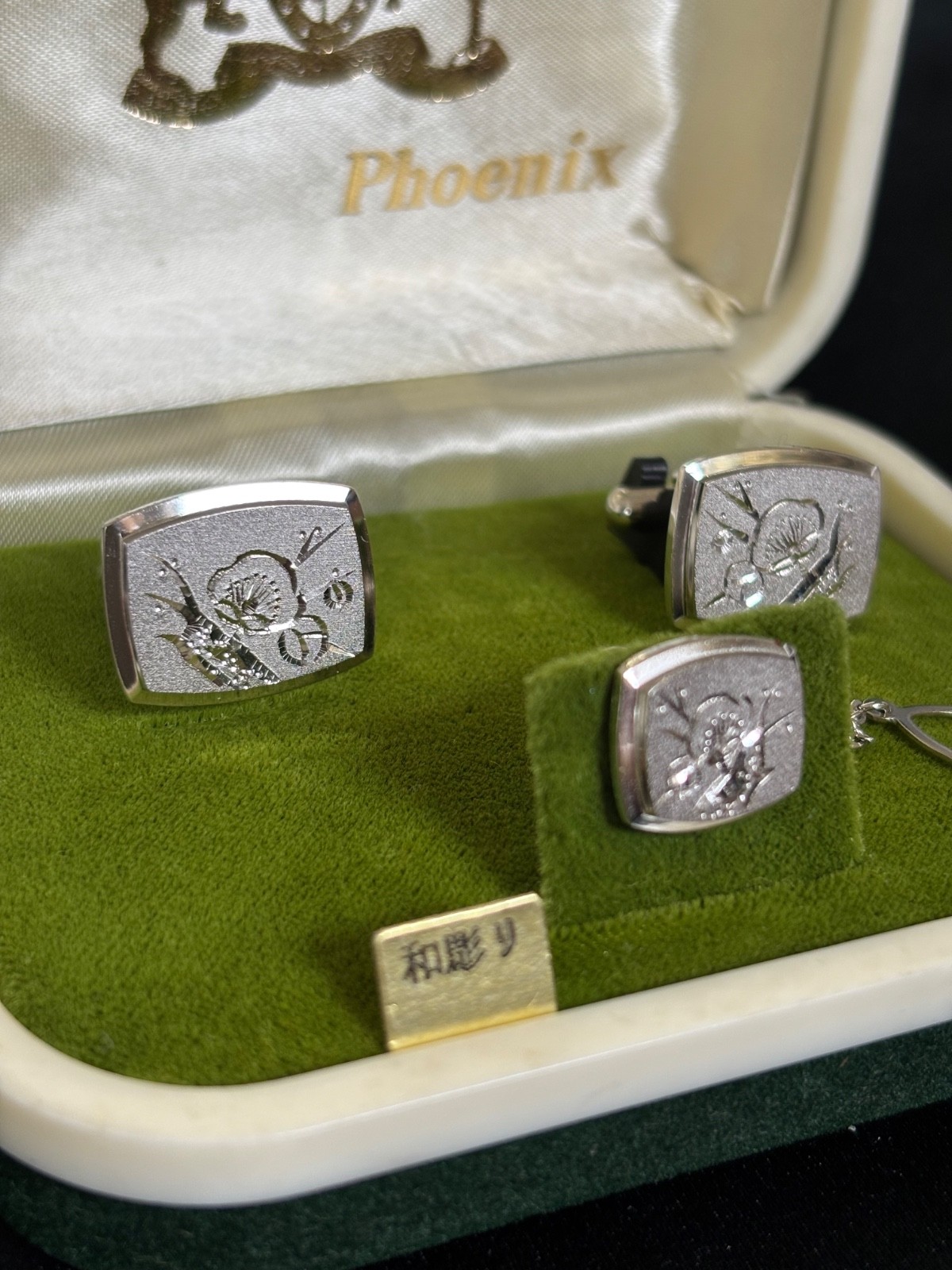 Vintage Phoenix Japanese Wabori Plum Blossom Cufflinks & Tie Clip Set w/ Origina