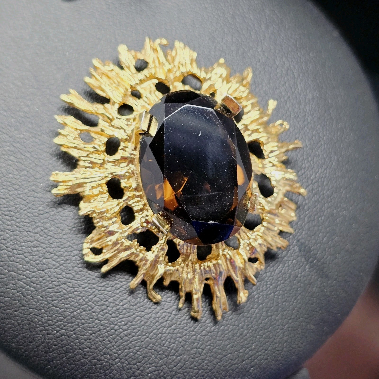 Vtg Mid Century Modern Smokey Quartz Colored Brooch Yellow Gold Plated Excellent