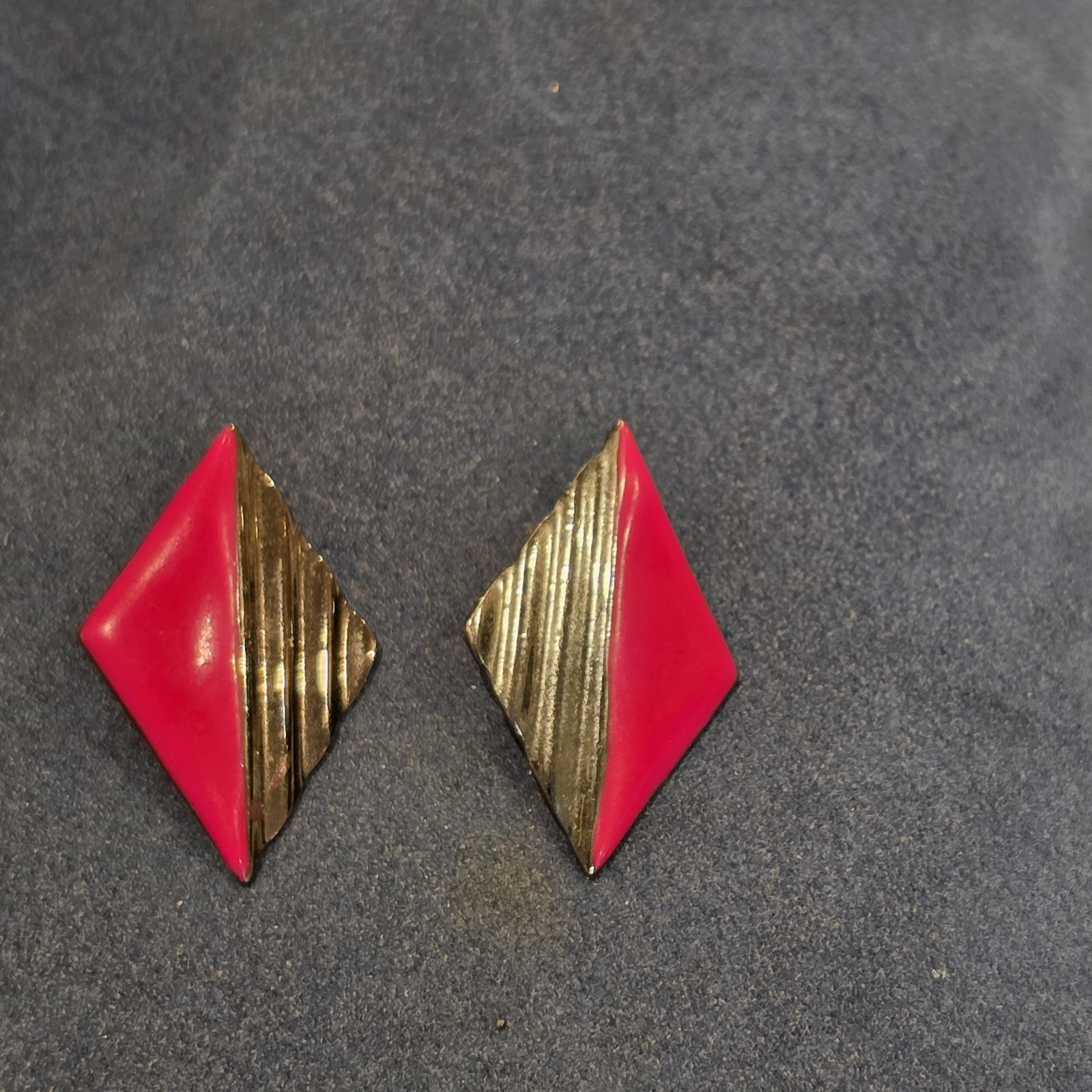 Vintage 1980s Red Enamel Silver Tone Diamond Geometric Post Earrings Bold Retro