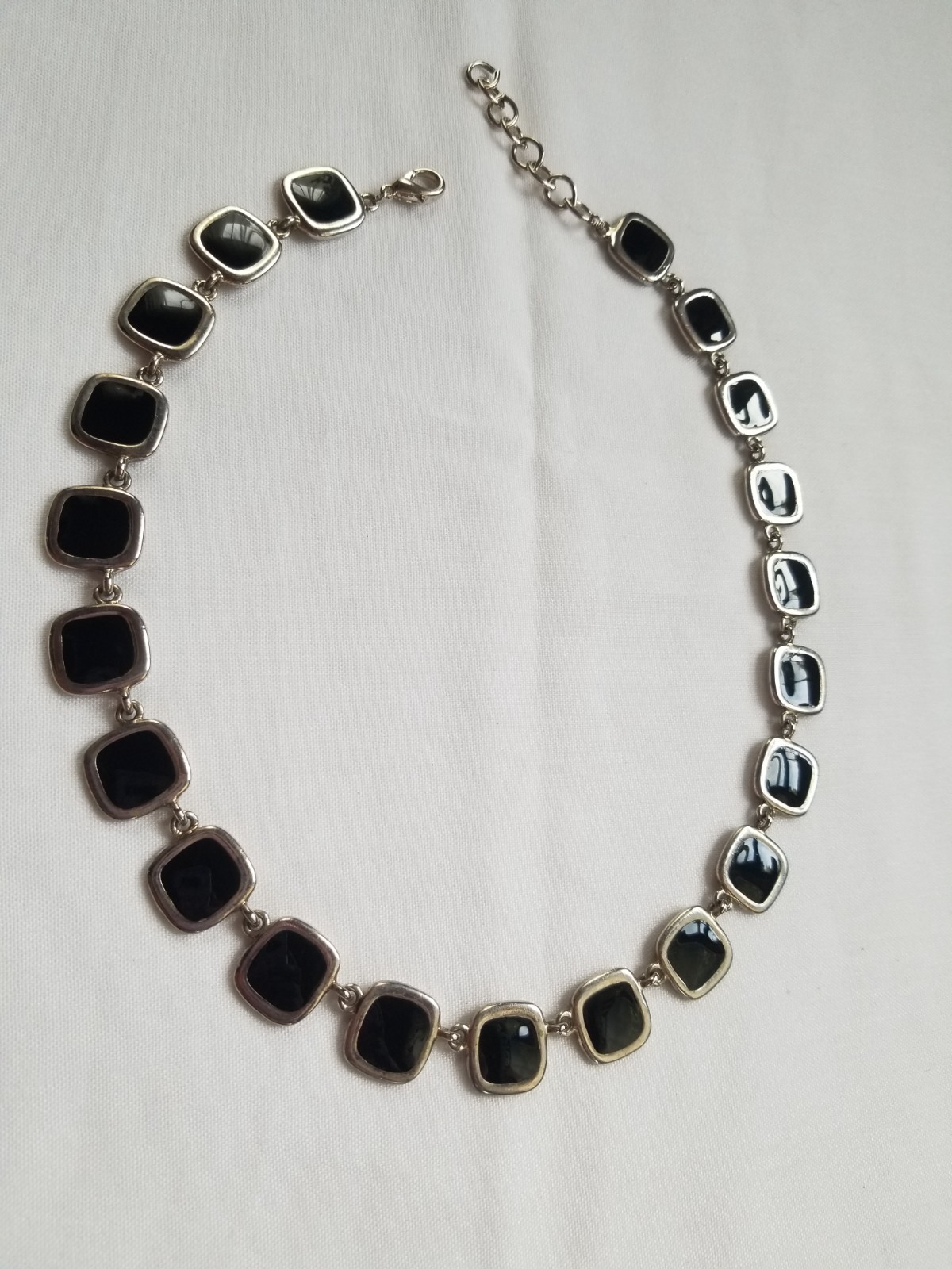 Vintage 1970s Black and Cream Enamel Geometric Necklace Reversible Silvertone