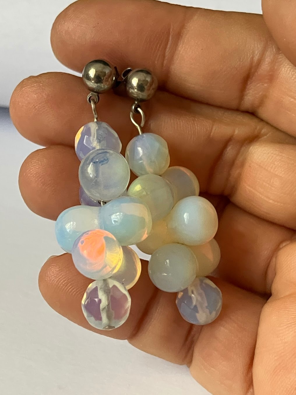Vintage Opaline Glass Beaded Earrings Pierced Post Iridescent Cluster Dangle