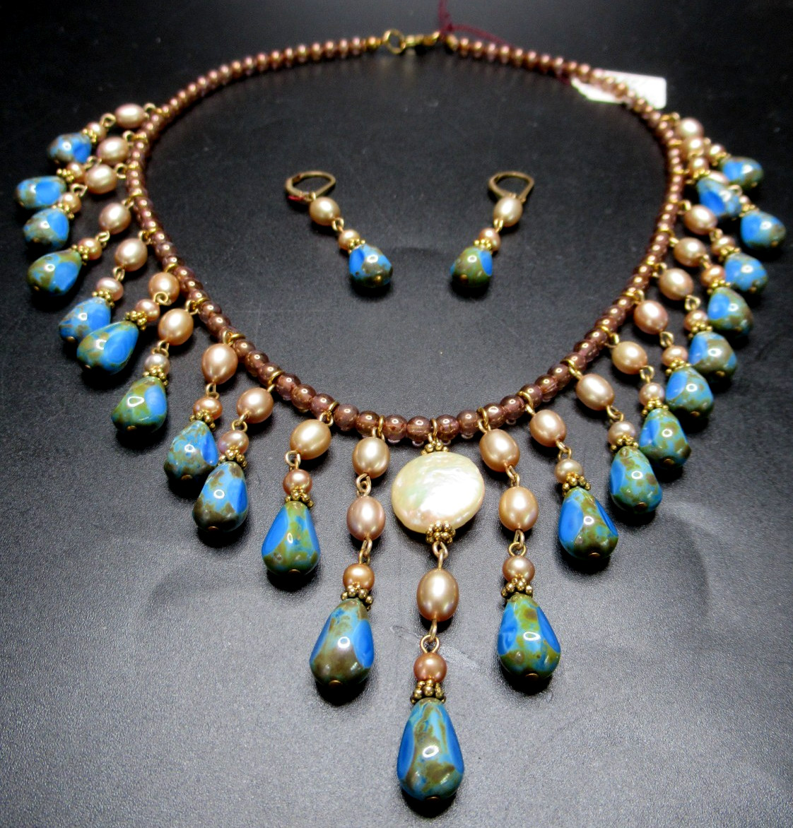 Beautiful Czech Glass & Pearl Drippy Necklace Earring Set