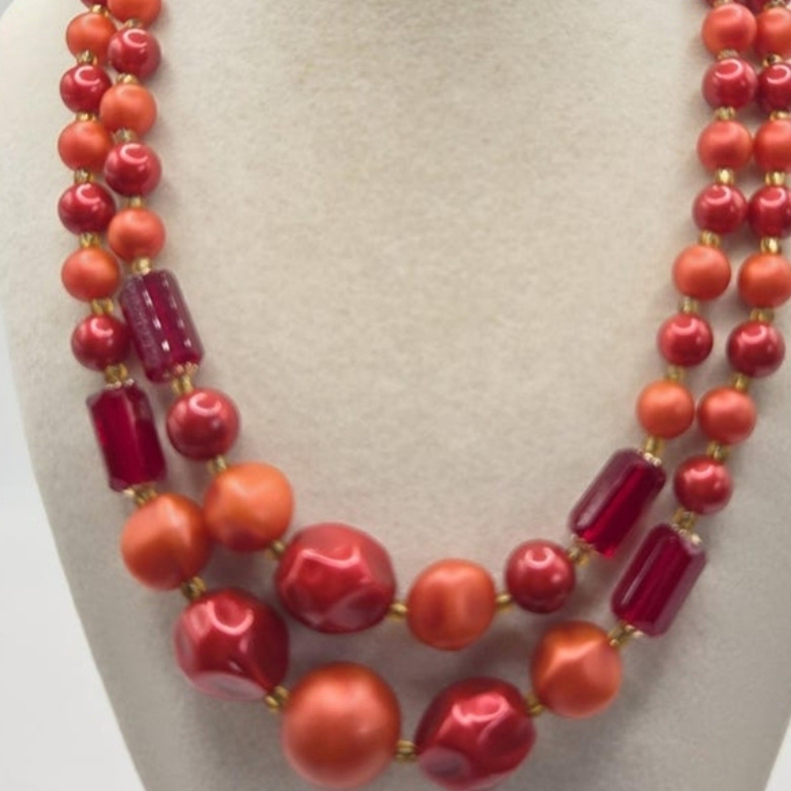 Red and Orange Vintage Mid-Century Japan Glass Bead Choker Necklace