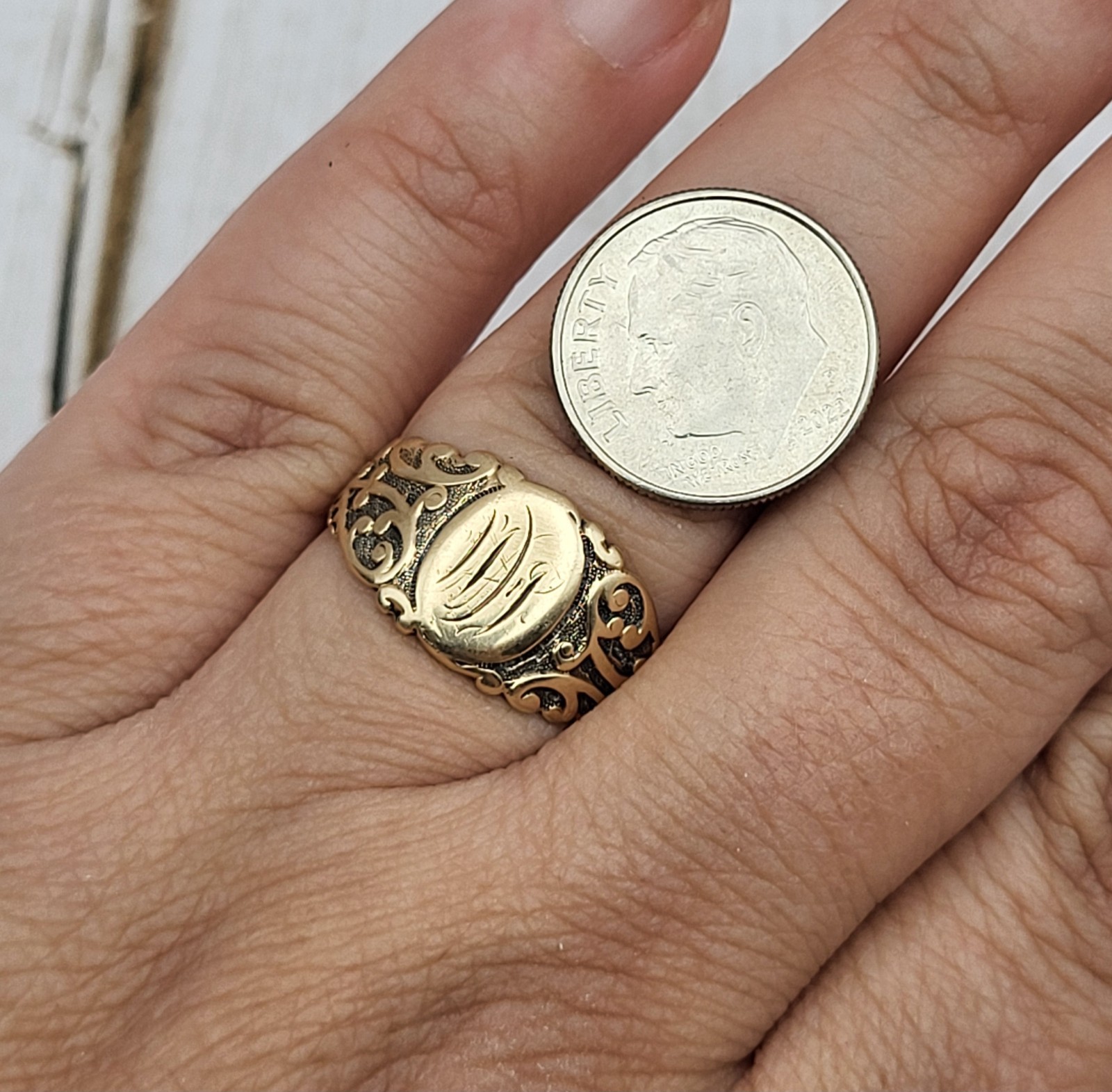 Antique 10K Yellow Gold Ornate Monogrammed Signet Ring Art Nouveau Signed