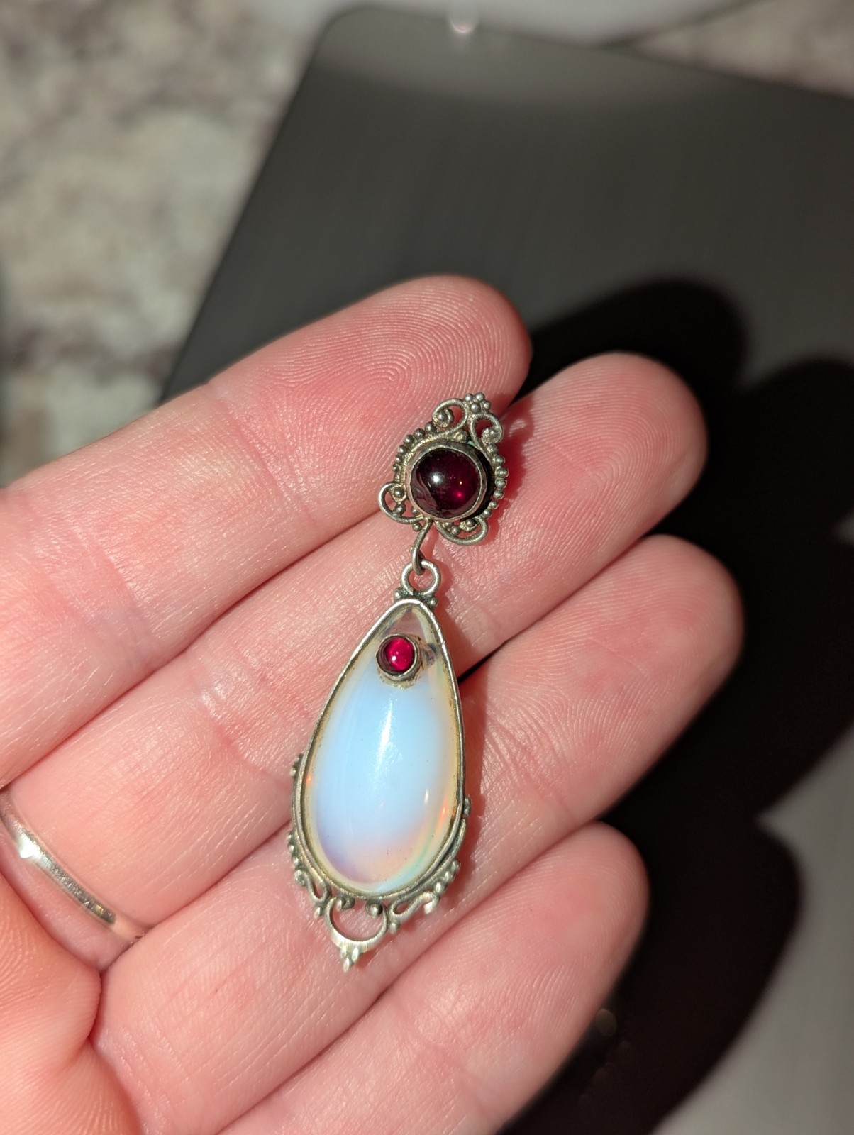 Oboline Or Moonstone and Garnet Dangle Vintage Earrings. One of A Kind Earrings
