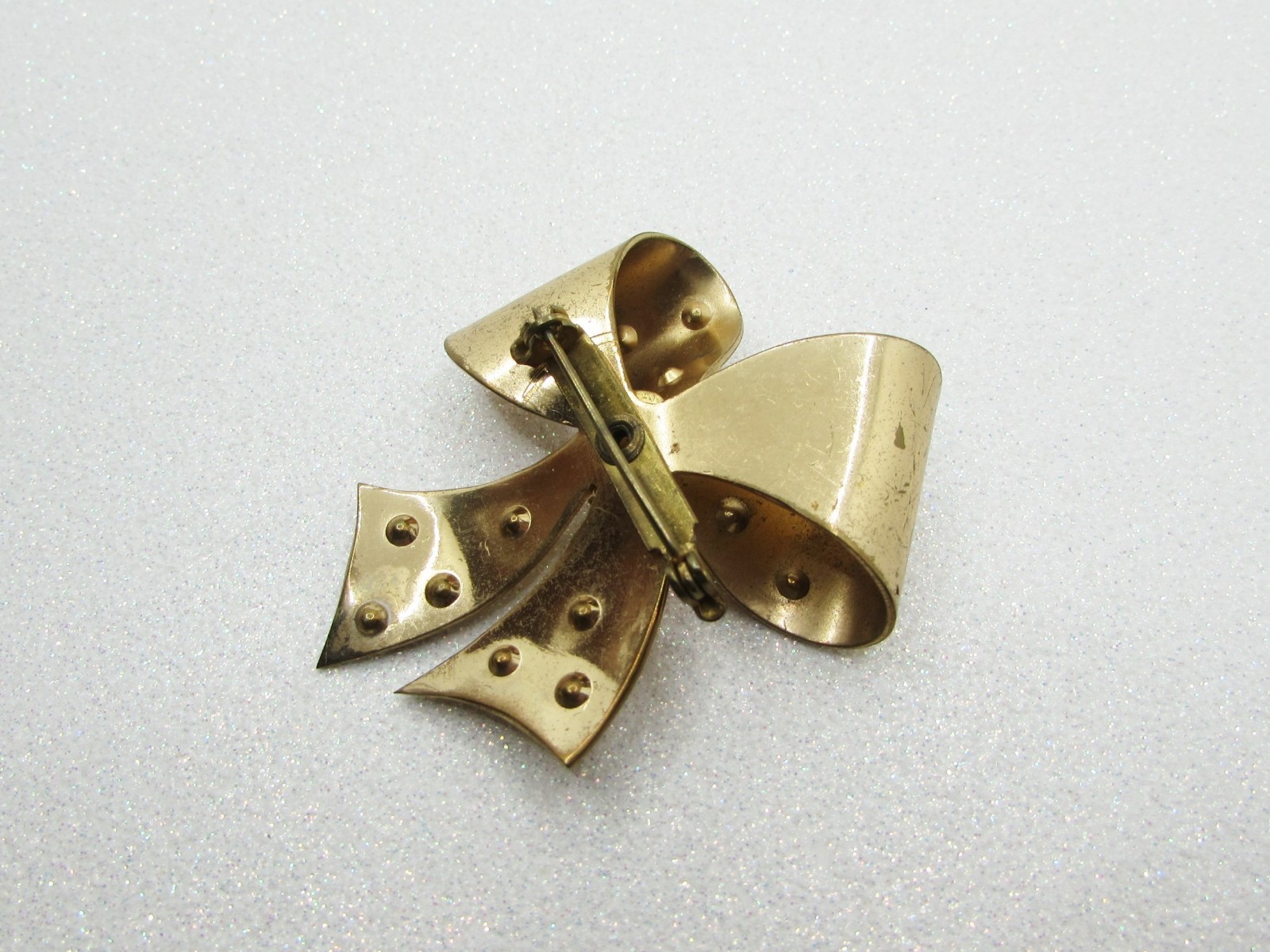 Fancy Vintage 1950s Bow Brooch- Rhinestones Starbursts- Gold Plated Ribbon Pin