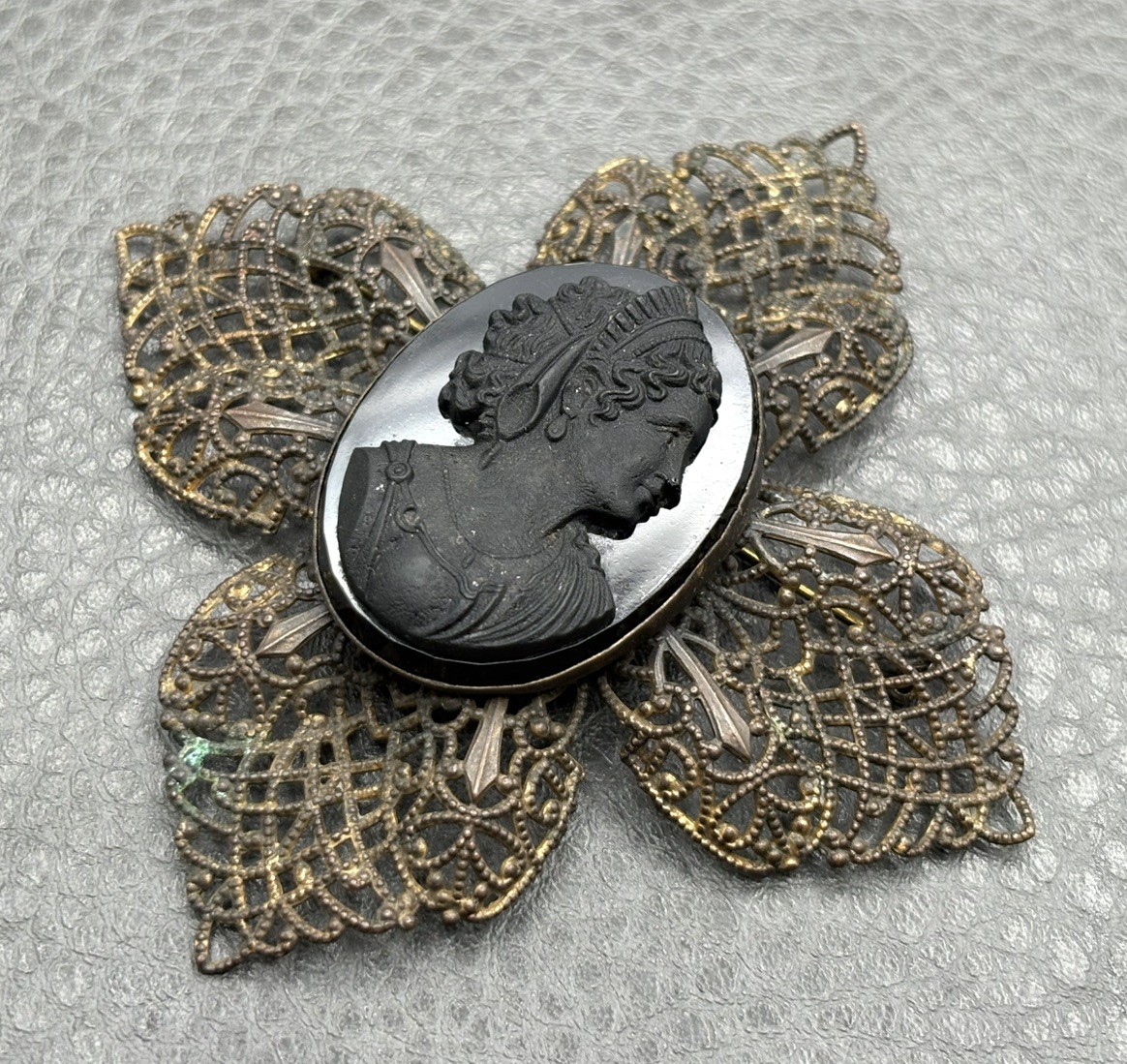 Vintage HUGE MASSIVE Victorian Style Mourning Unique Black Cameo Cross Brooch