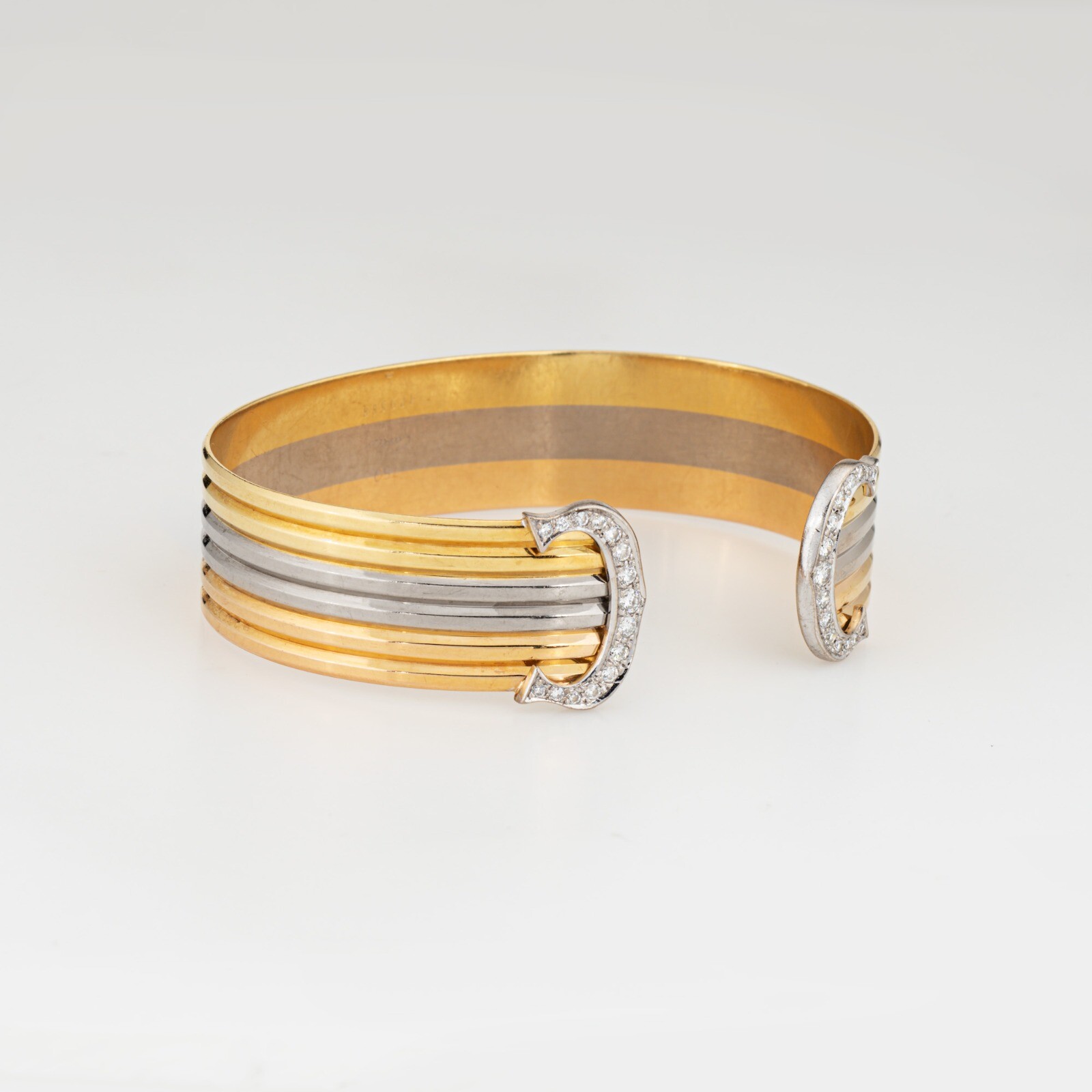 c1980s Cartier Double C Diamond Bracelet 18k Tri Gold Cuff Vintage Fine Jewelry