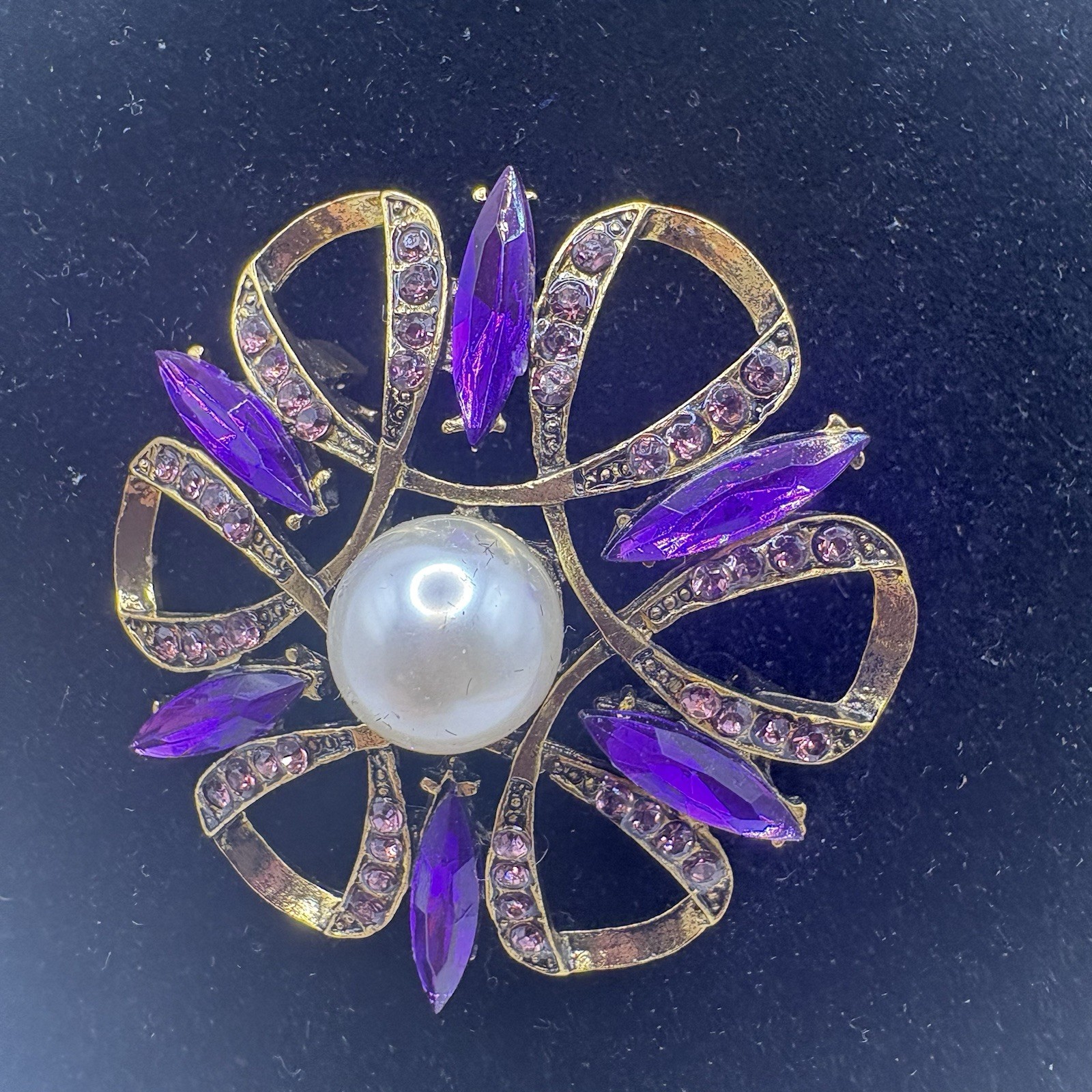 Beautiful Gold Tone 2 Inch Brooch with Purple Zircons and a Faux Pearl