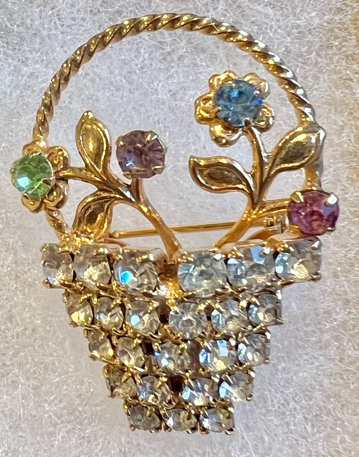 Vintage 60s Flower Basket Rhinestones Gold Tone Colorful Brooch Pin Uranium Glow