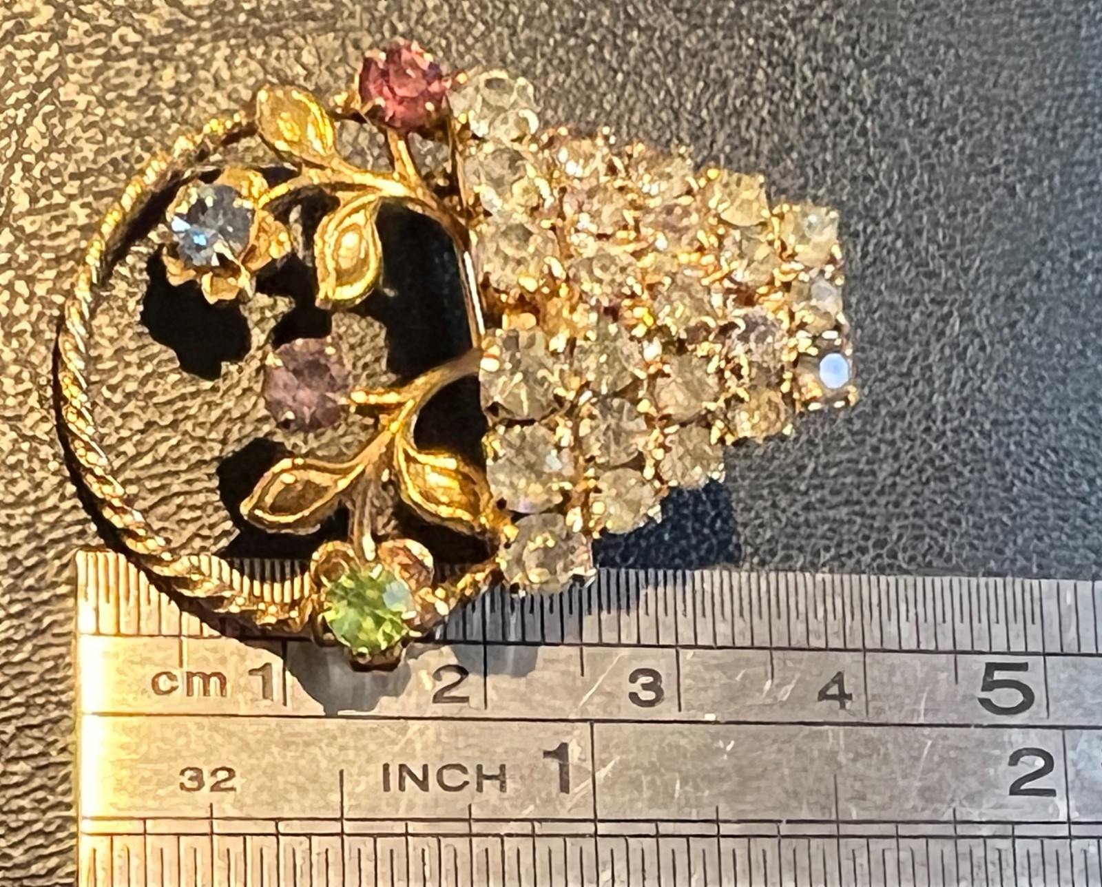 Vintage 60s Flower Basket Rhinestones Gold Tone Colorful Brooch Pin Uranium Glow