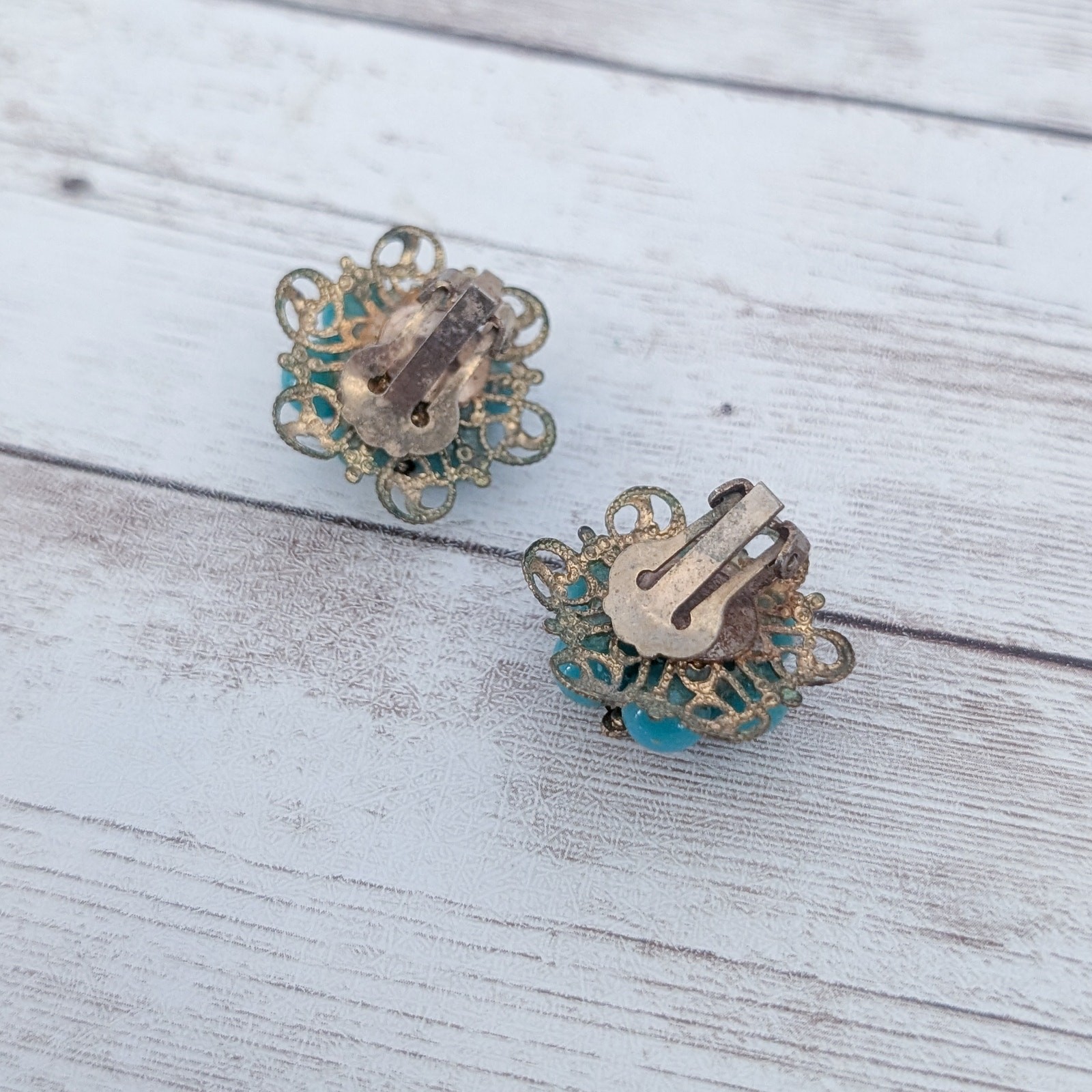 Vintage Clip On Earrings Turquoise Tone, Clear Gem – Clip Repair Needed