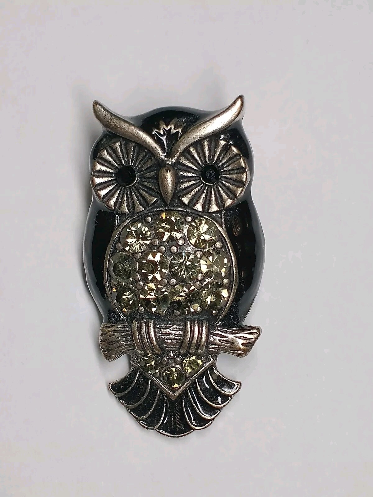 Vintage Silver Tone Owl Pin Brooch With Black Enamel And Rhinestones