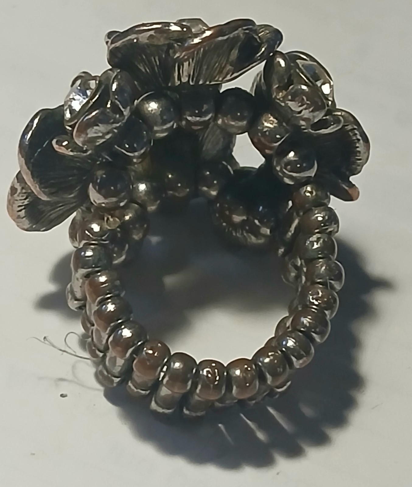 Vintage Pewter & Rhinestone adjustable elastic band flower Ring -1 size fits all