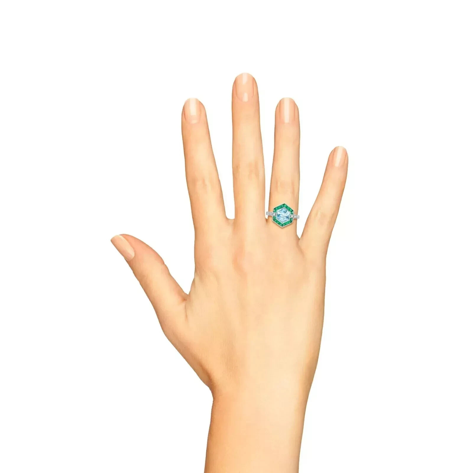 4Ct Art Deco Vintage Aquamarine & Emerald Hexagon 14K White Gold FN Wedding Ring