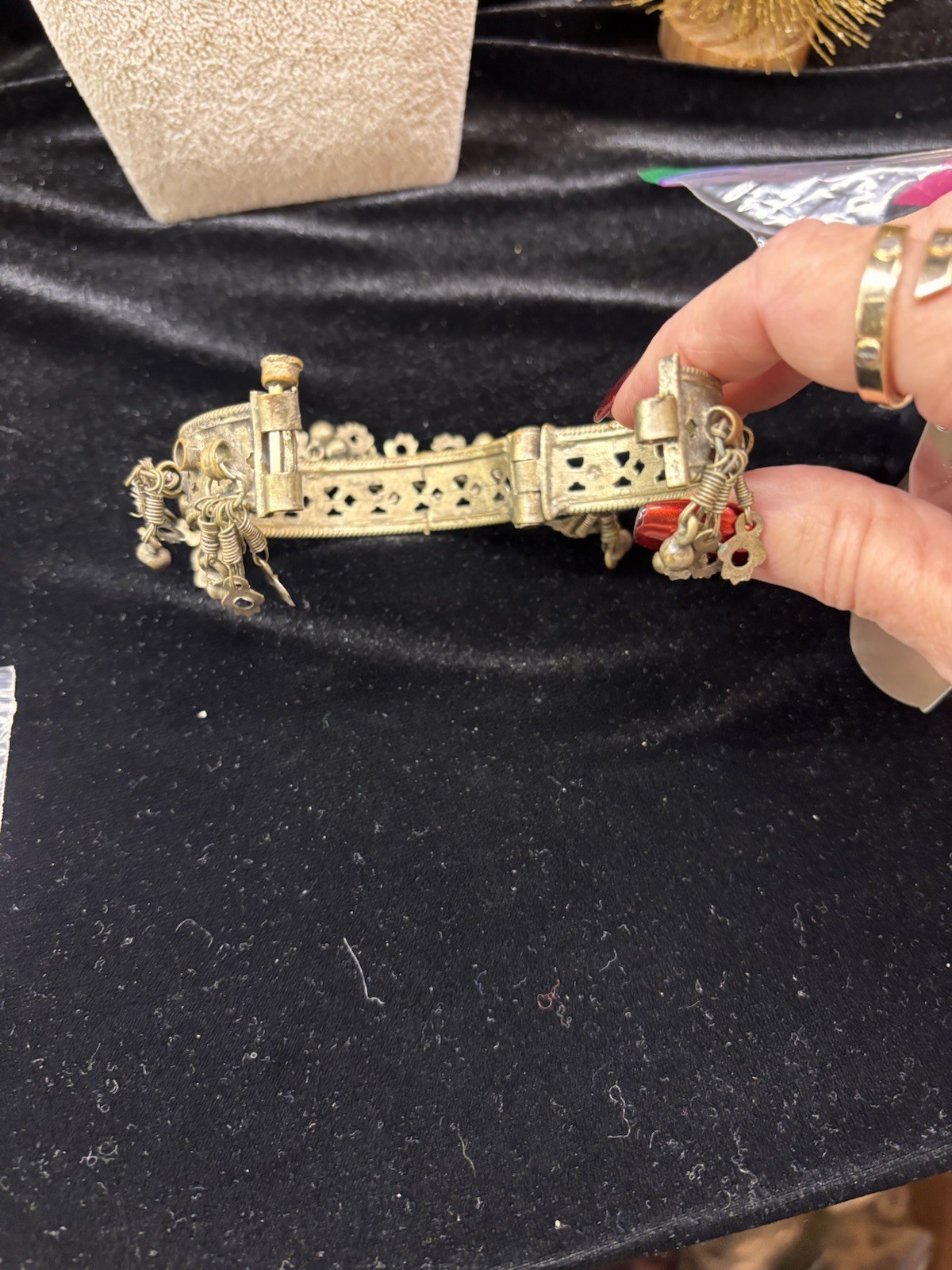 Vintage Metal Bangle Bracelet Belly Dancing Jewelry Cutouts Jingle Hinged 7.5”