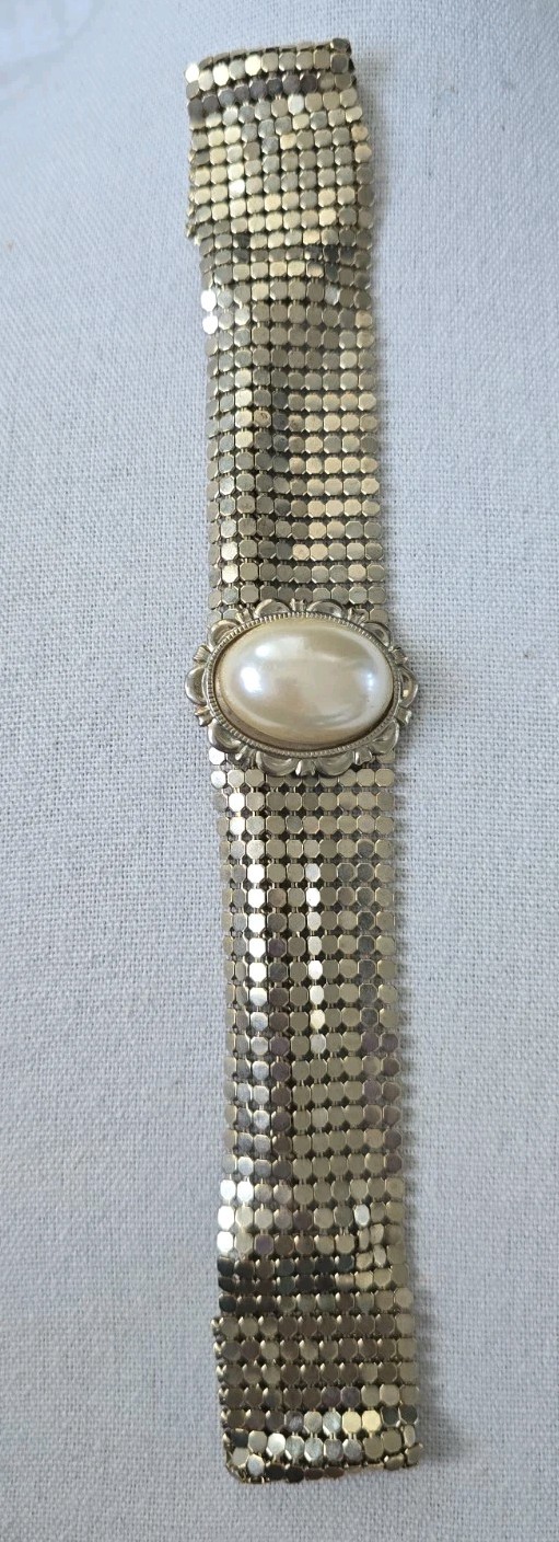 Vintage Style Gold Tone Mesh Choker Faux Pearl Liquid Metal Adjustable 16 Inches