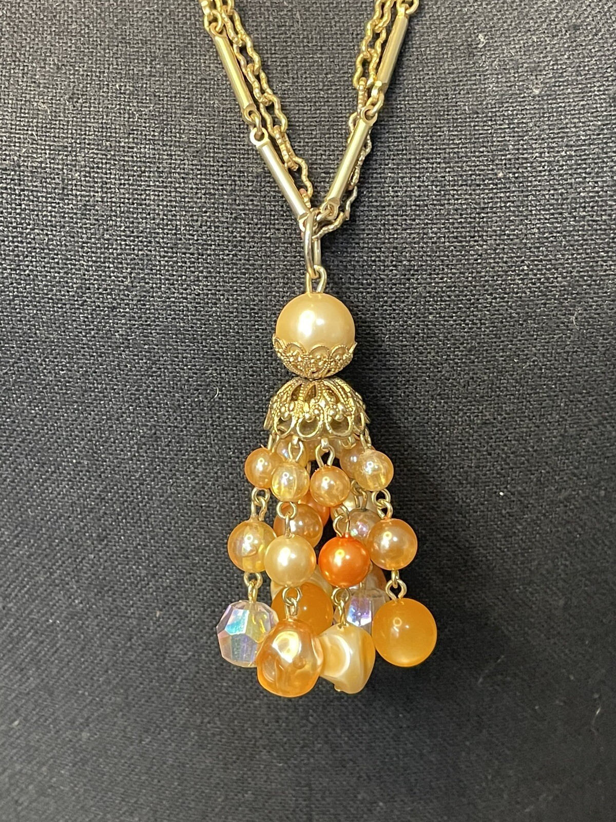 Vintage Beaded necklace w/ unreadable makers mark Orange and Goldtone