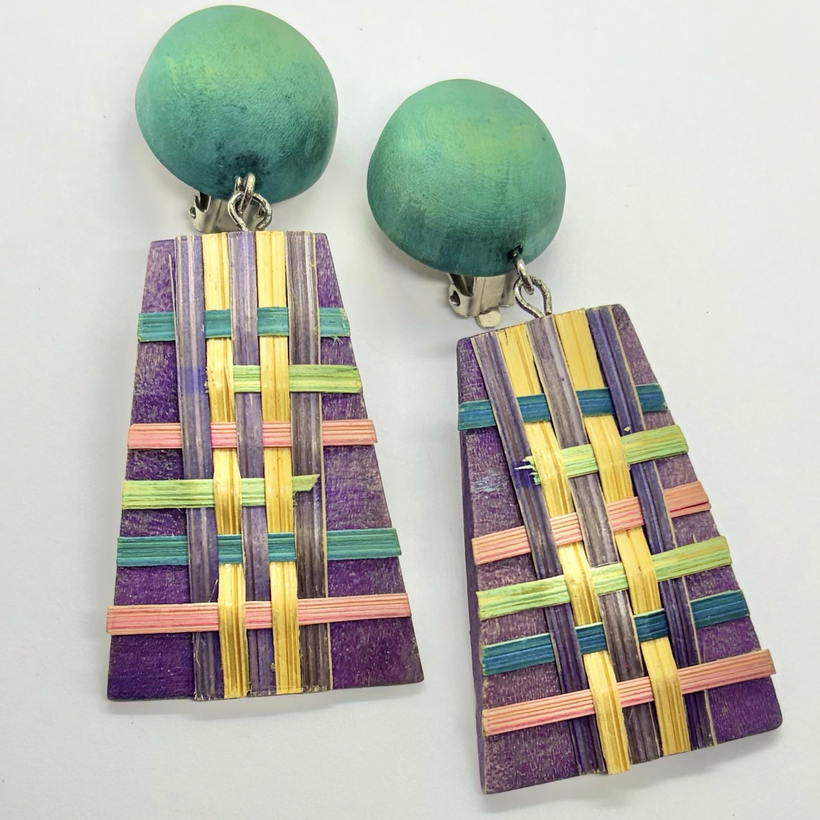 Vtg Big 80’s Wearable Art Statement Earrings Wood Basket Weave Purple Green Drop