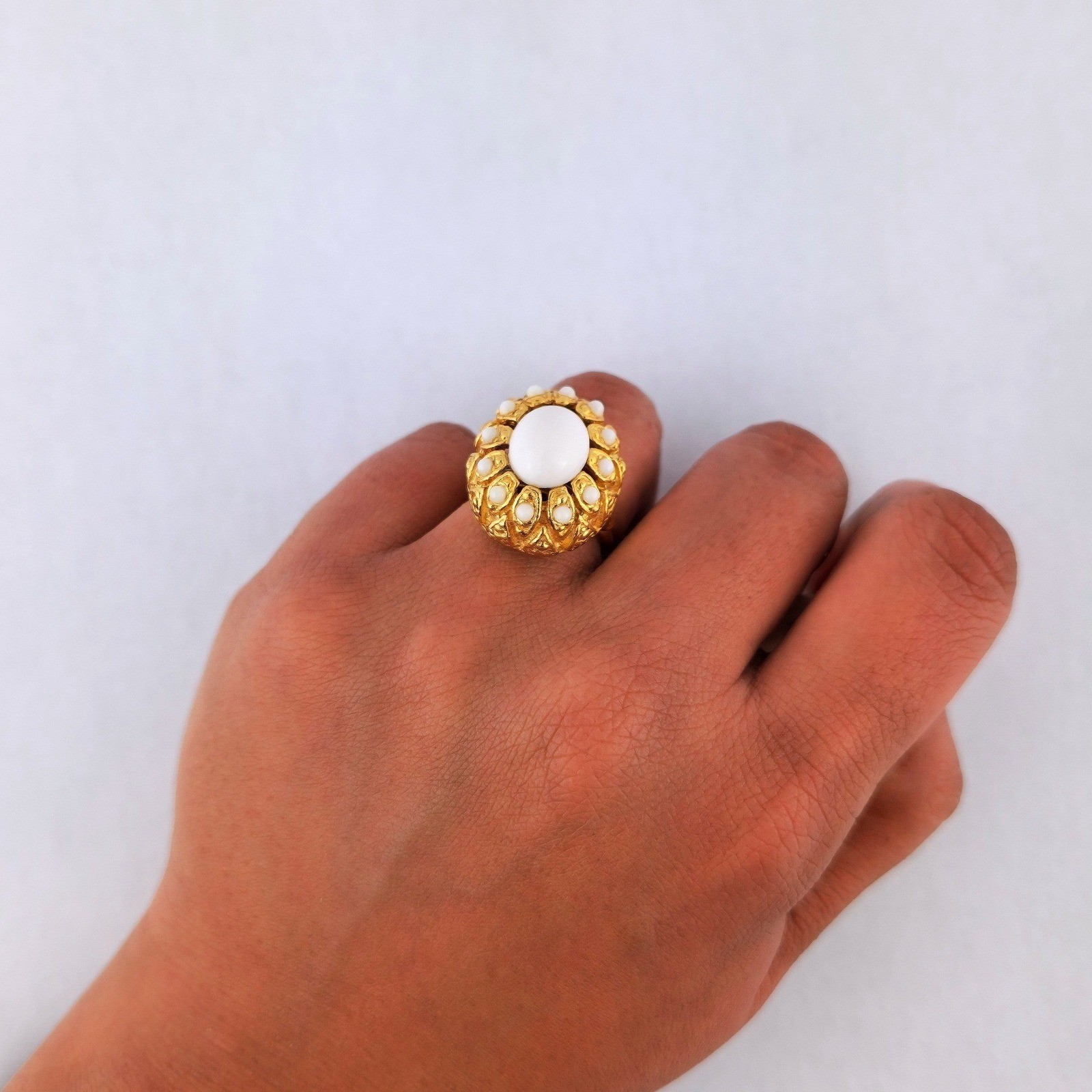 Vintage Gold Tone White Cabochon Adjustable Statement Cocktail Ring