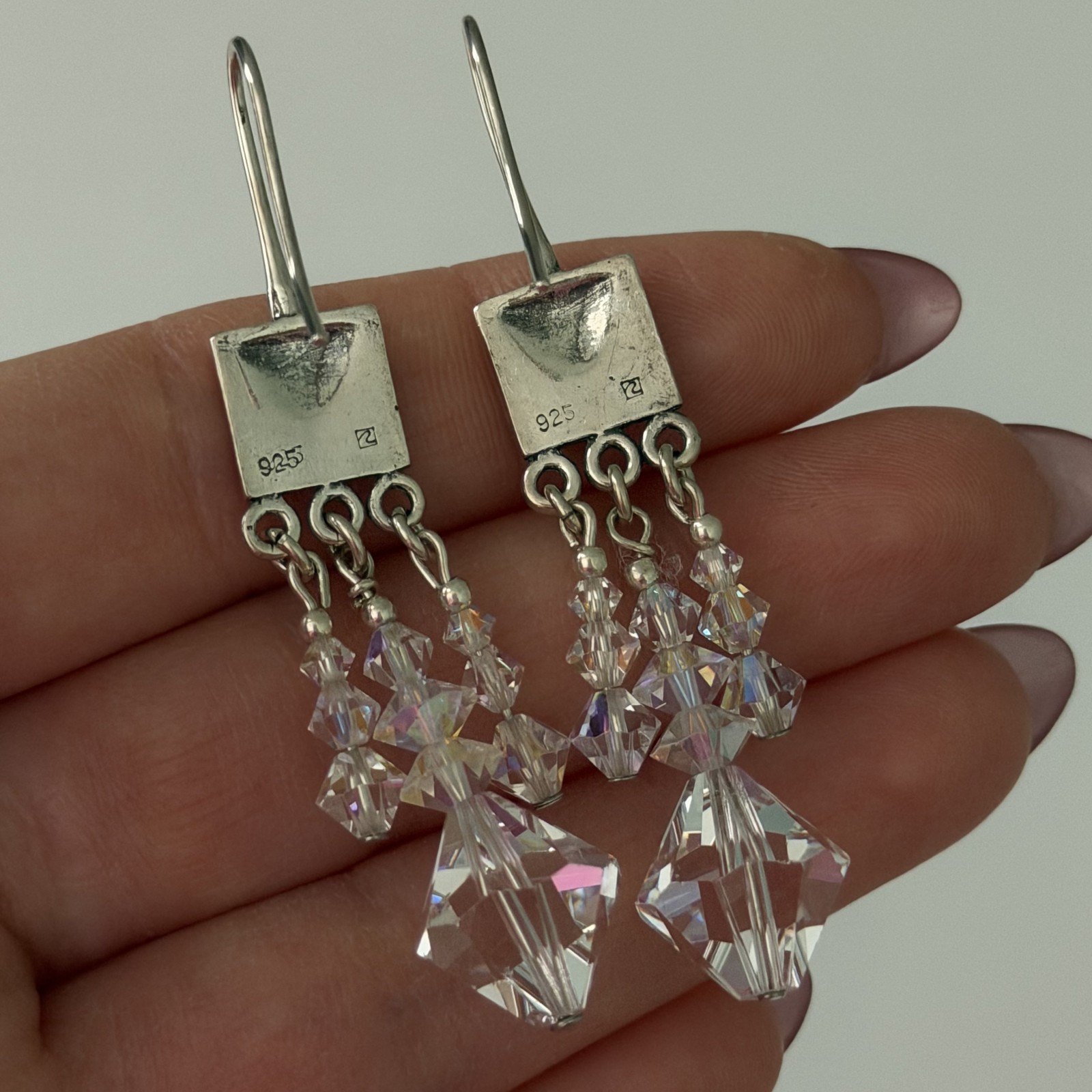 Vintage 925 Sterling Silver Clear AB Crystal Chandelier Dangle Earrings
