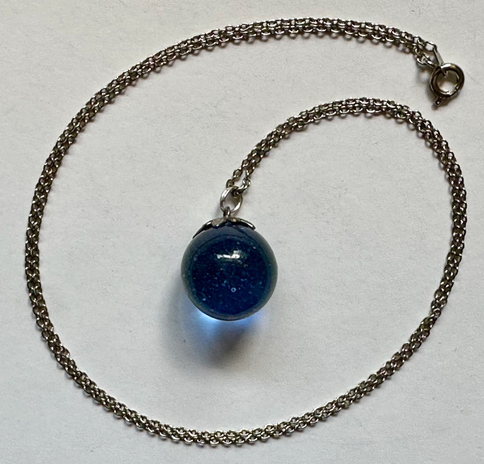 Vintage ORB BLUE GLASS CHARM pendant 1″ necklace 24″ STAINLESS STEEL Last one