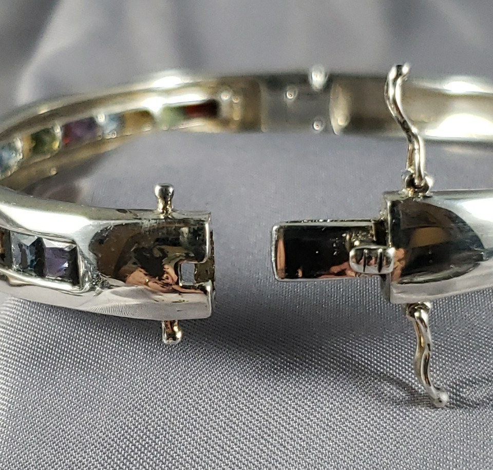STERLING SILVER HINGED Bangle BRACELET MULTI-COLOR GEMSTONES Size 7″
