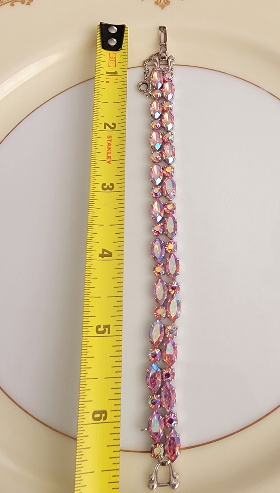 Vintage Sherman Signed Light Pink Aurora Borealis Rodium Plated Bracelet 7.5 In