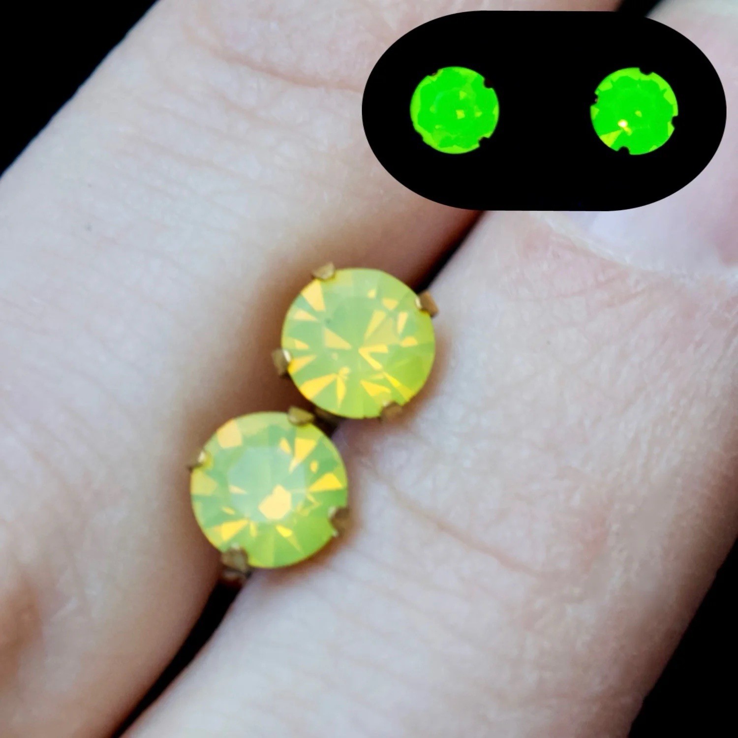 UV Reactive Uranium Glass Yellow Opaline Rhinestone Vintage Brass Stud Earrings