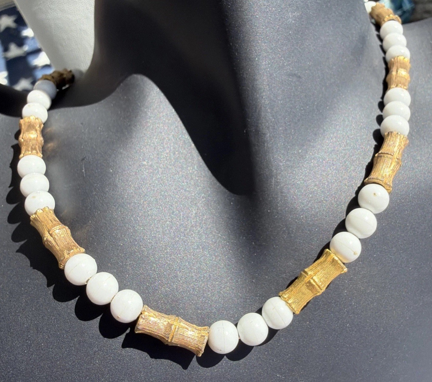 Vintage 18″ Hong Kong Goldtone Bamboo And Round White Bead Necklace Hook Clasp