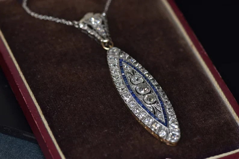 Art Deco Style Lab Created Diamond & Sapphire 14K White Gold FN Wedding Pendant