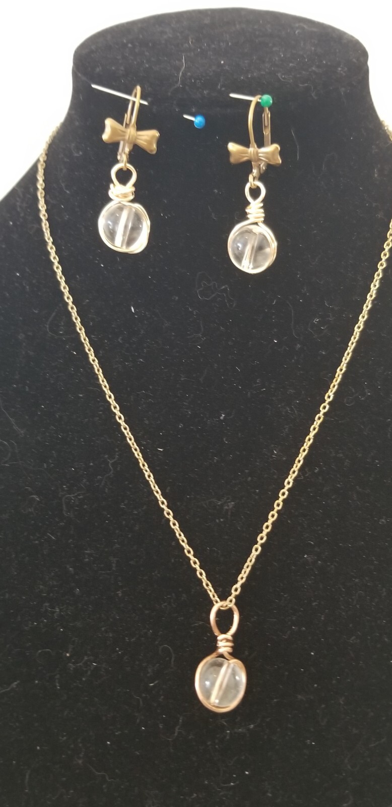 Vintage Elements 8mm Rock Quartz Victorian Necklace, Vtg. leverback earring set