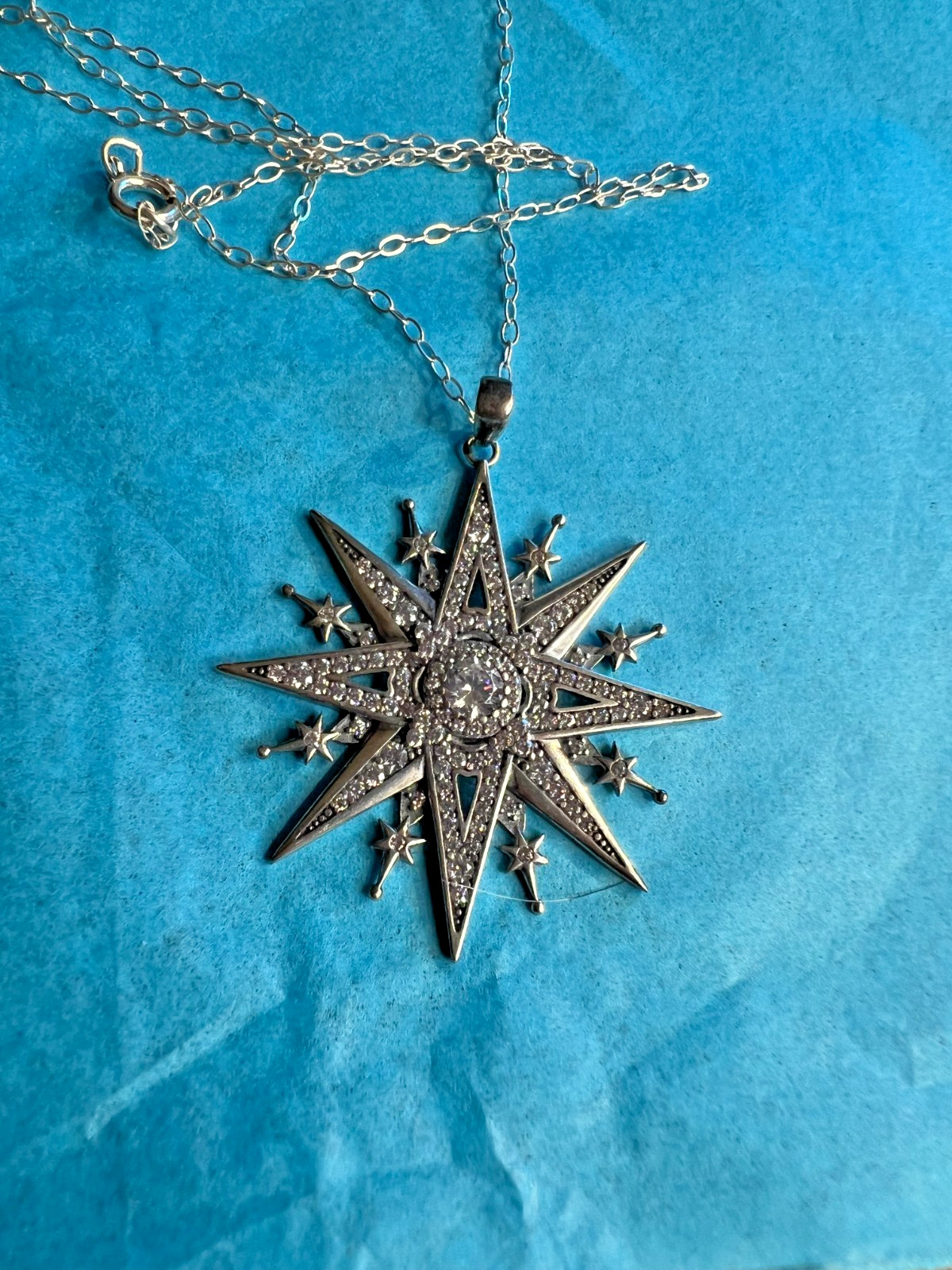 Vintage 925 Sterling Star Bethlehem Starburst White Zircons Pendant Necklace 18″