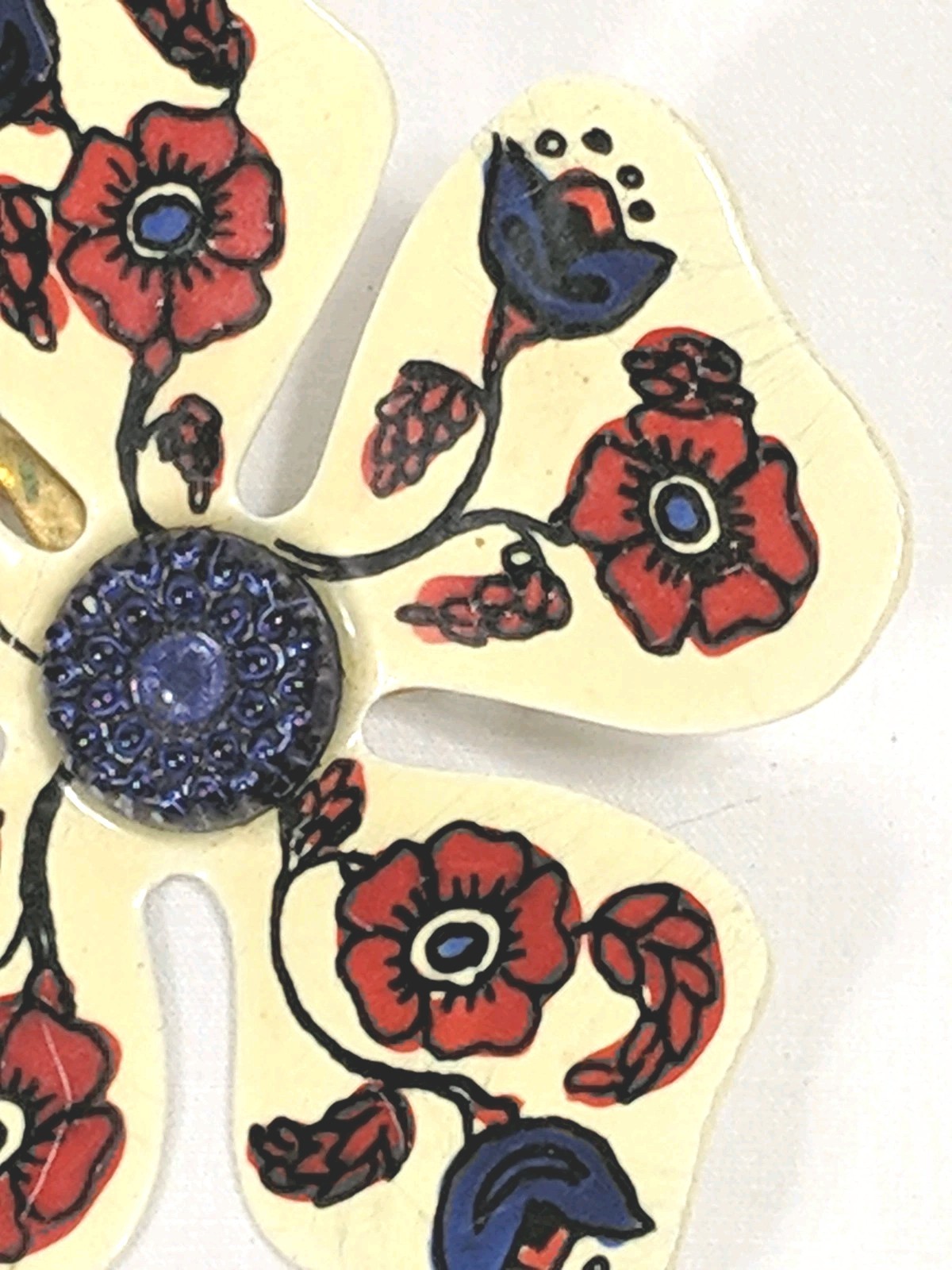 W Germany Flower Brooch Ceramic Hand Painted Traditional Floral Design Red Blue