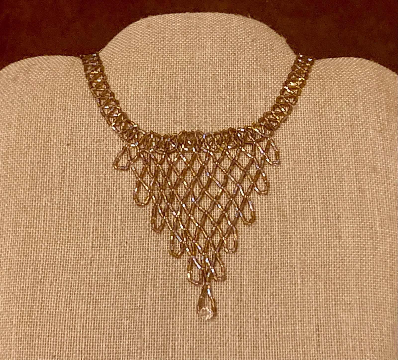 Vintage Glass Beaded Bib Necklace Bronze Color AB Intricate