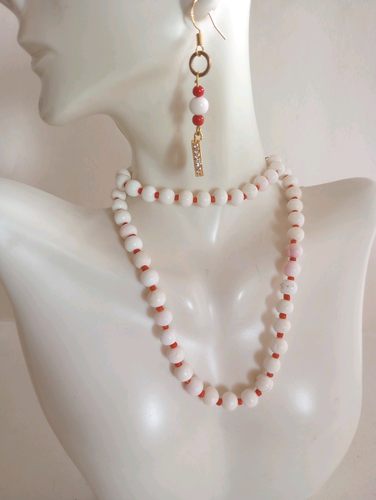 Estate 14K/20 GF Conch Shell White Coral Red Coral Necklace Earrings 30G 18″Long