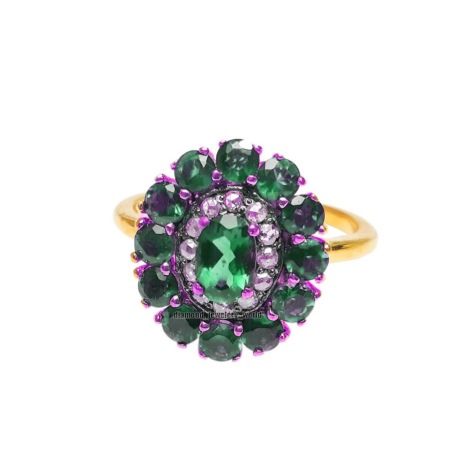Stunning 0.69ctw Rose Cut Diamond Emerald Studded Silver Victorian Ring Jewelry
