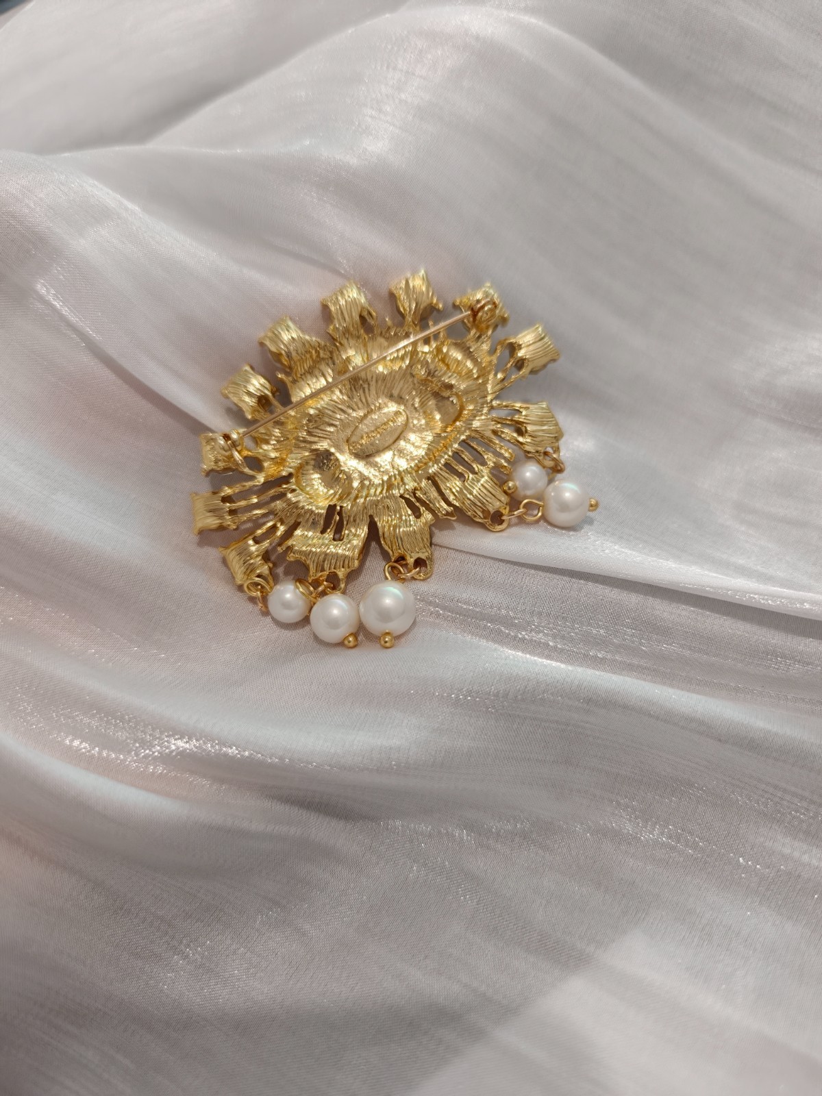 Vintage Schiaparelli Style Evil Eye Brooch Turquoise Crystal Pearl Tassel Gold