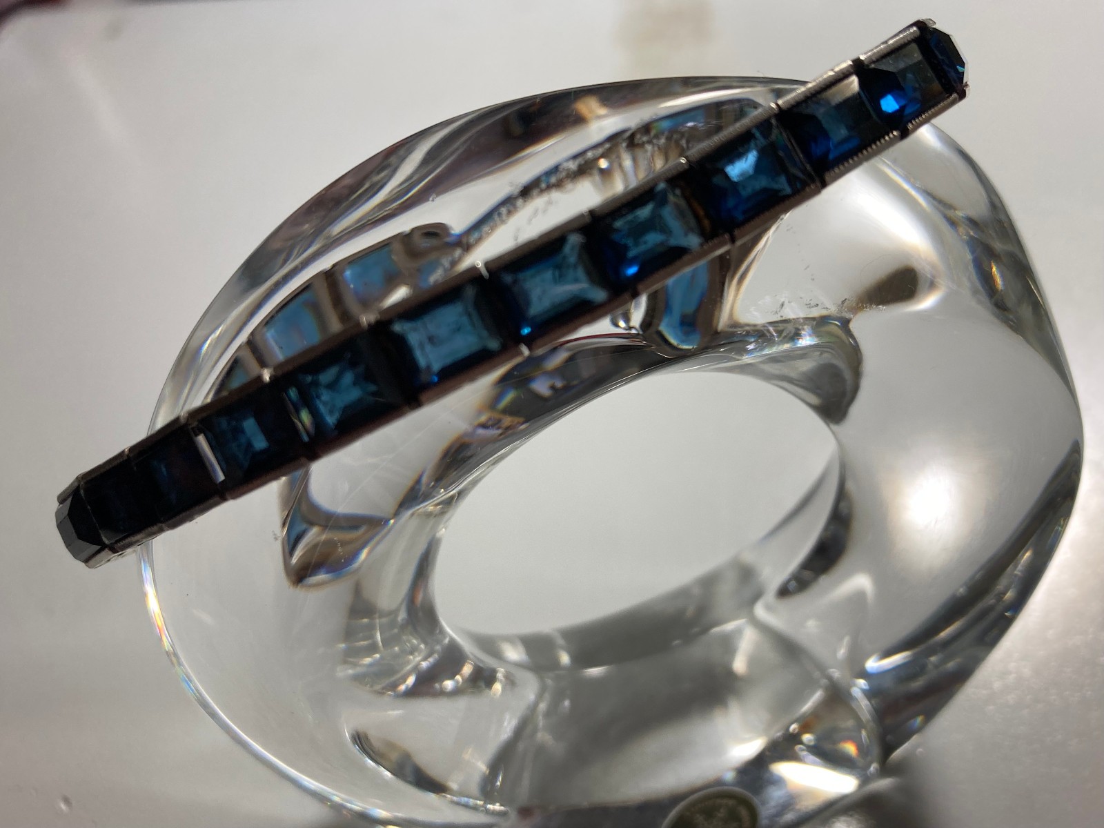 BLUE Rhinestone STERLING SILVER Art Deco, FRANCE, ANTIQUE BANGLE BRACELET